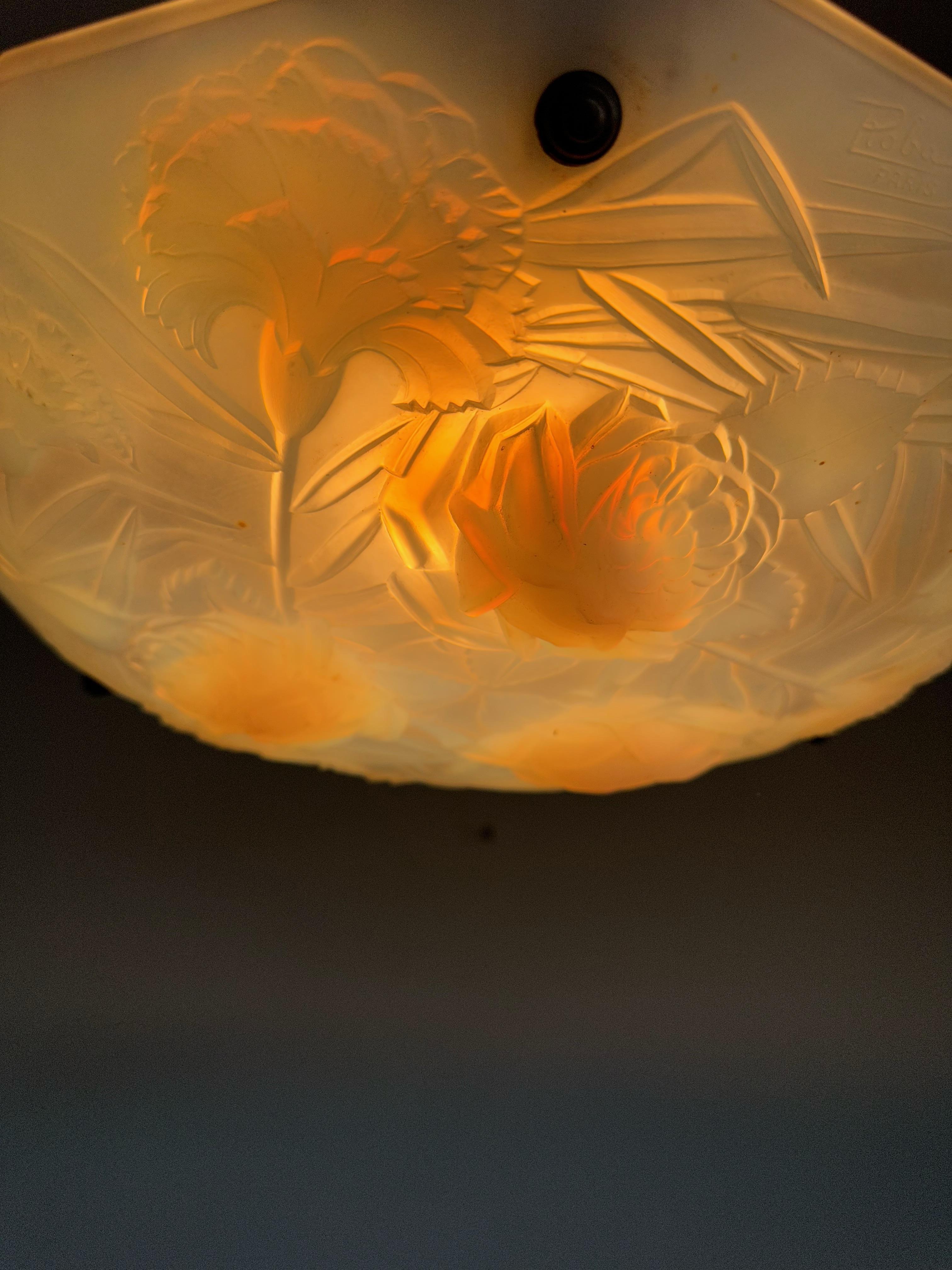 Delightful Art Deco ROBA PARIS Pendant Light Opalescent Glass Flower Sculptures For Sale 3