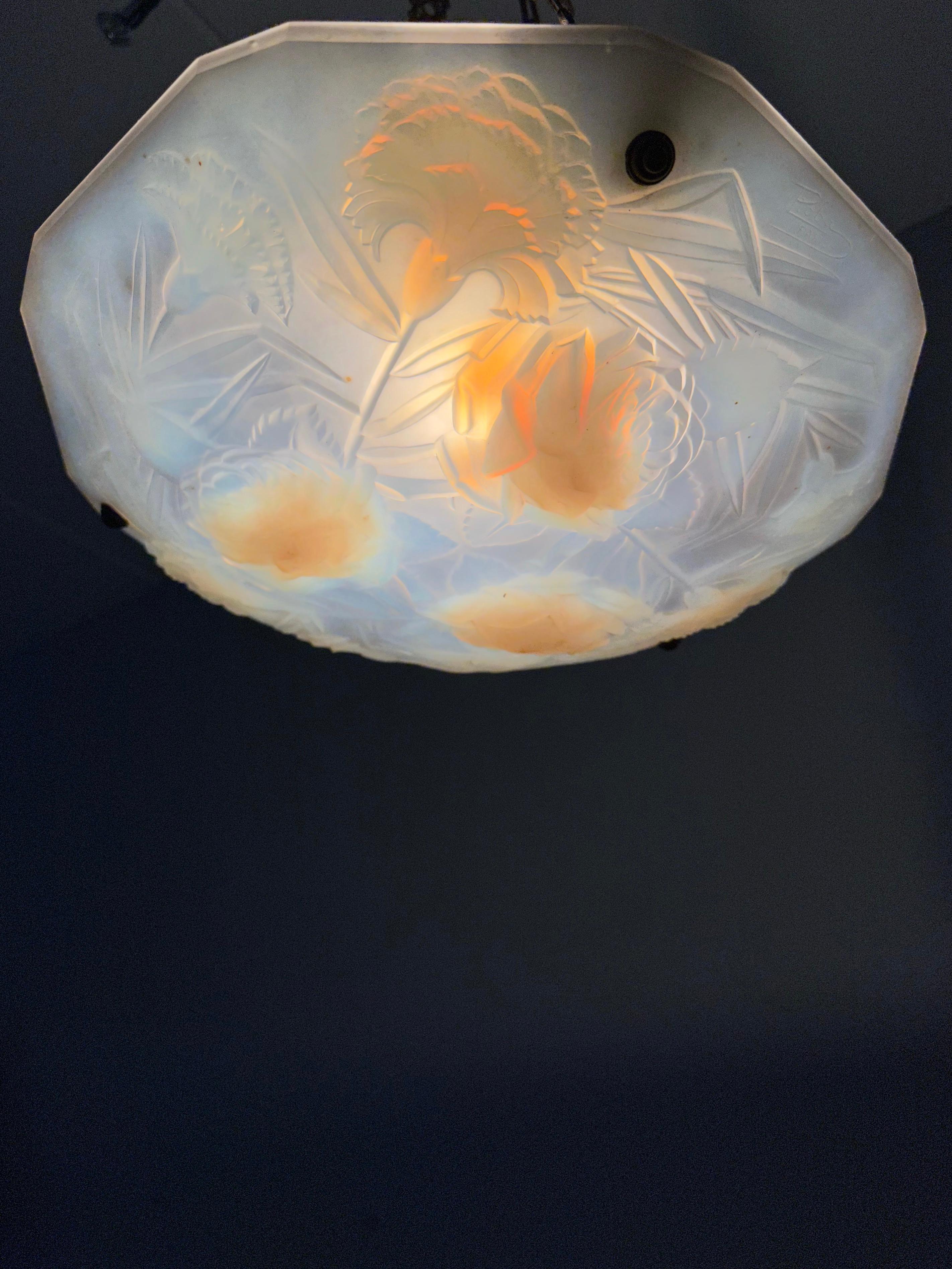 Delightful Art Deco ROBA PARIS Pendant Light Opalescent Glass Flower Sculptures For Sale 10