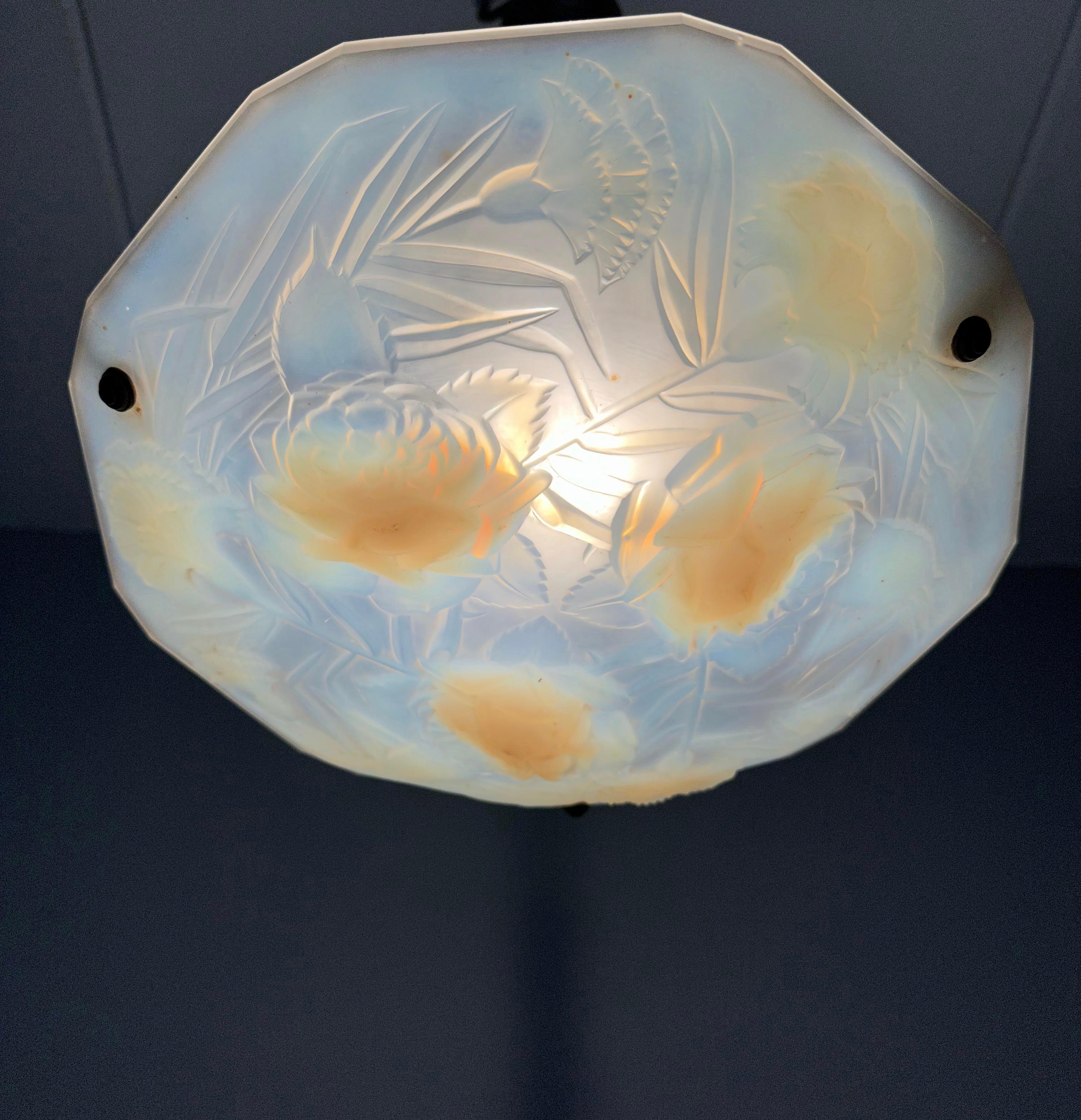 Delightful Art Deco ROBA PARIS Pendant Light Opalescent Glass Flower Sculptures For Sale 13