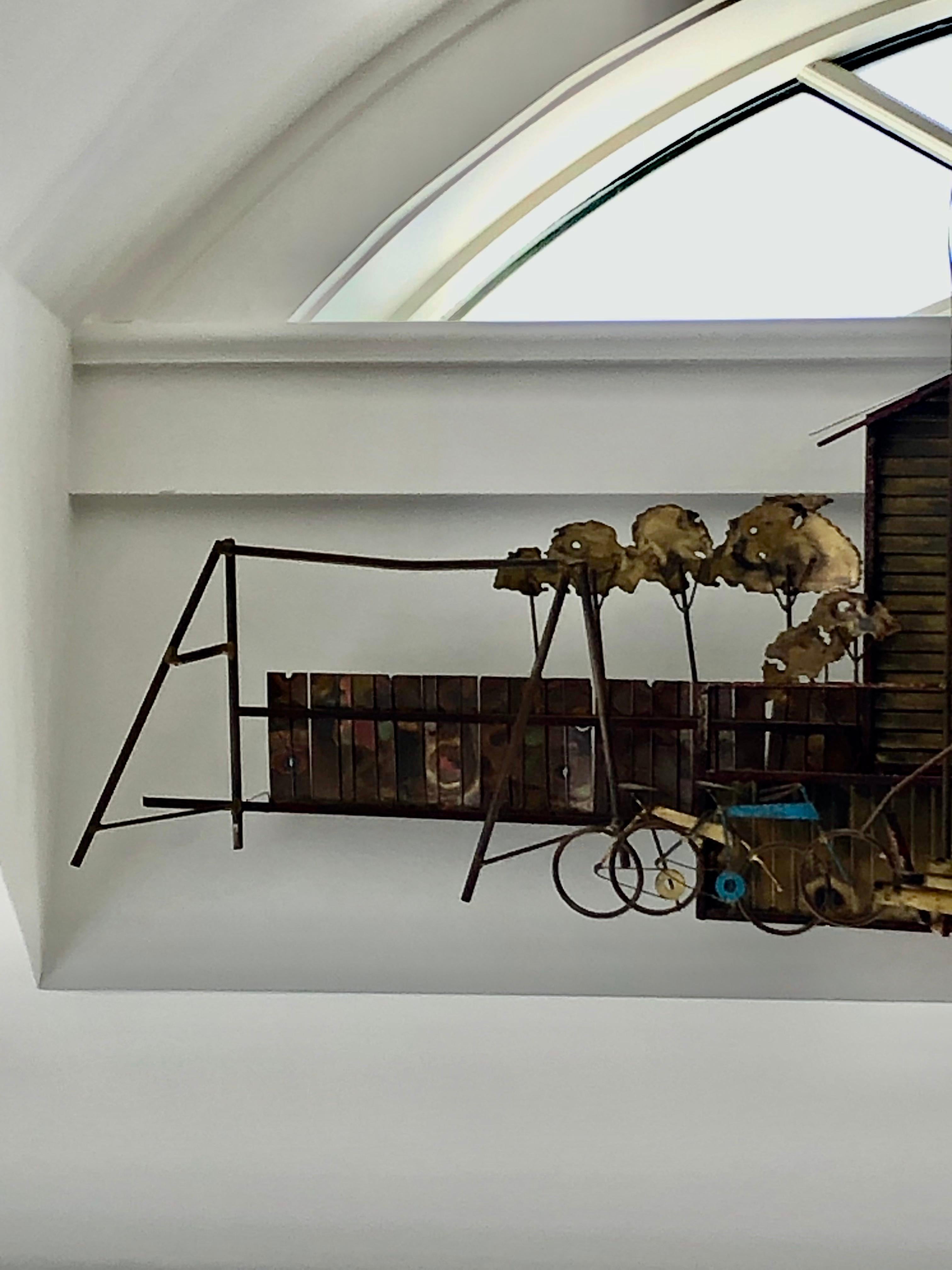 Delightful Artisan Made Metal Wall Sculpture of a Schoolyard For Sale 5