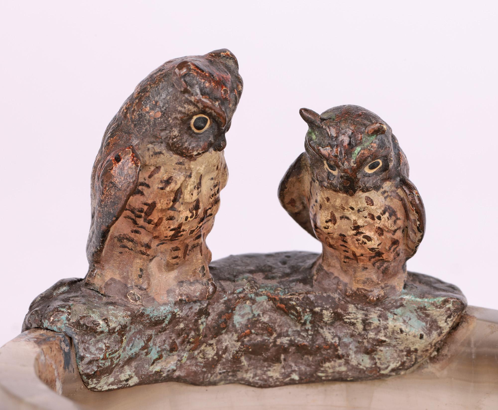 A delightful early Art Deco Austrian marble pin dish mounted with two cold painted owls attributed to Franz Xaver Bergmann (Austrian, 1861-1936) and dating from around 1920.
Franz Bergmann was a renowned maker of detailed and colorful works in