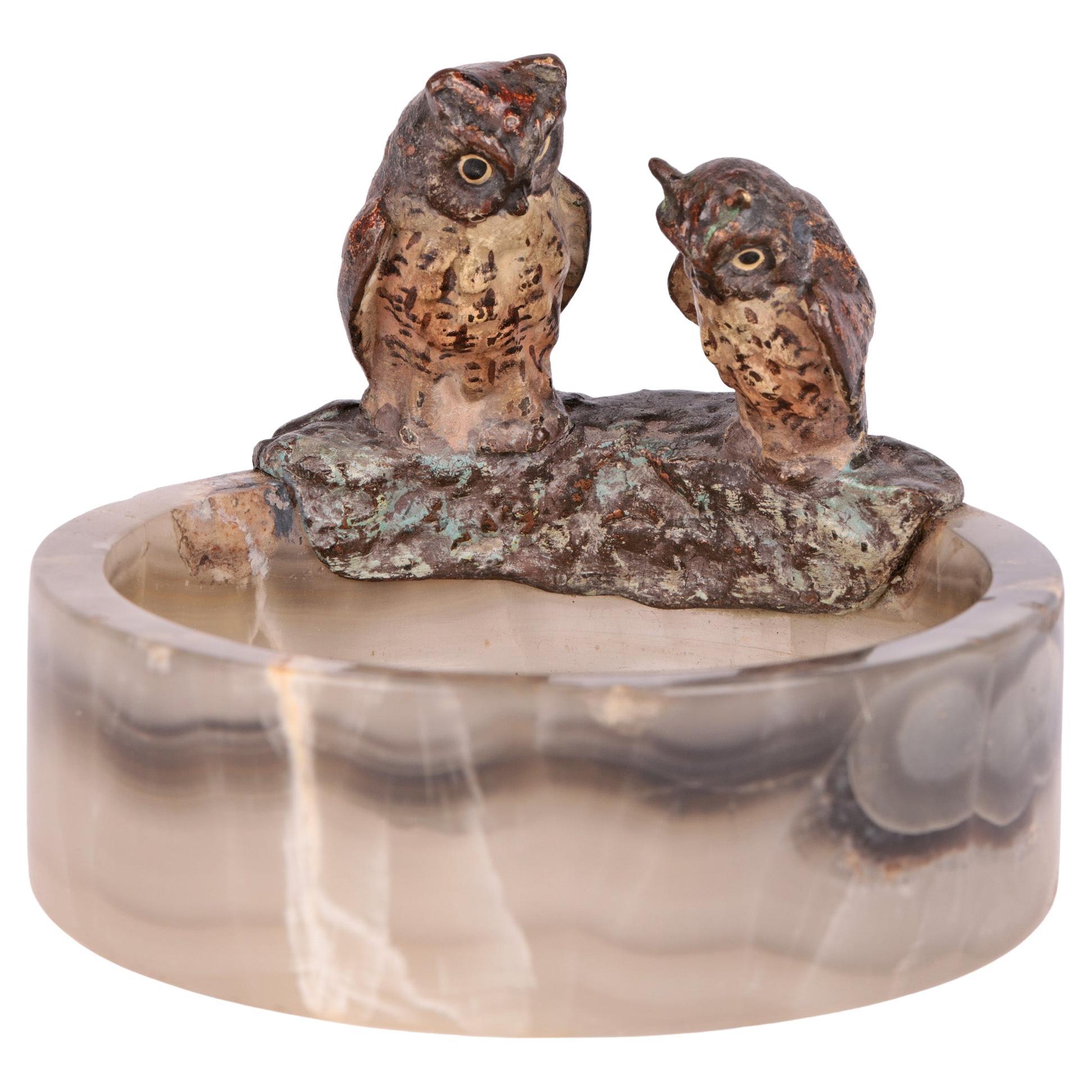 Delightful Austrian Bergmann Cold Painted Owl Mounted Dish For Sale