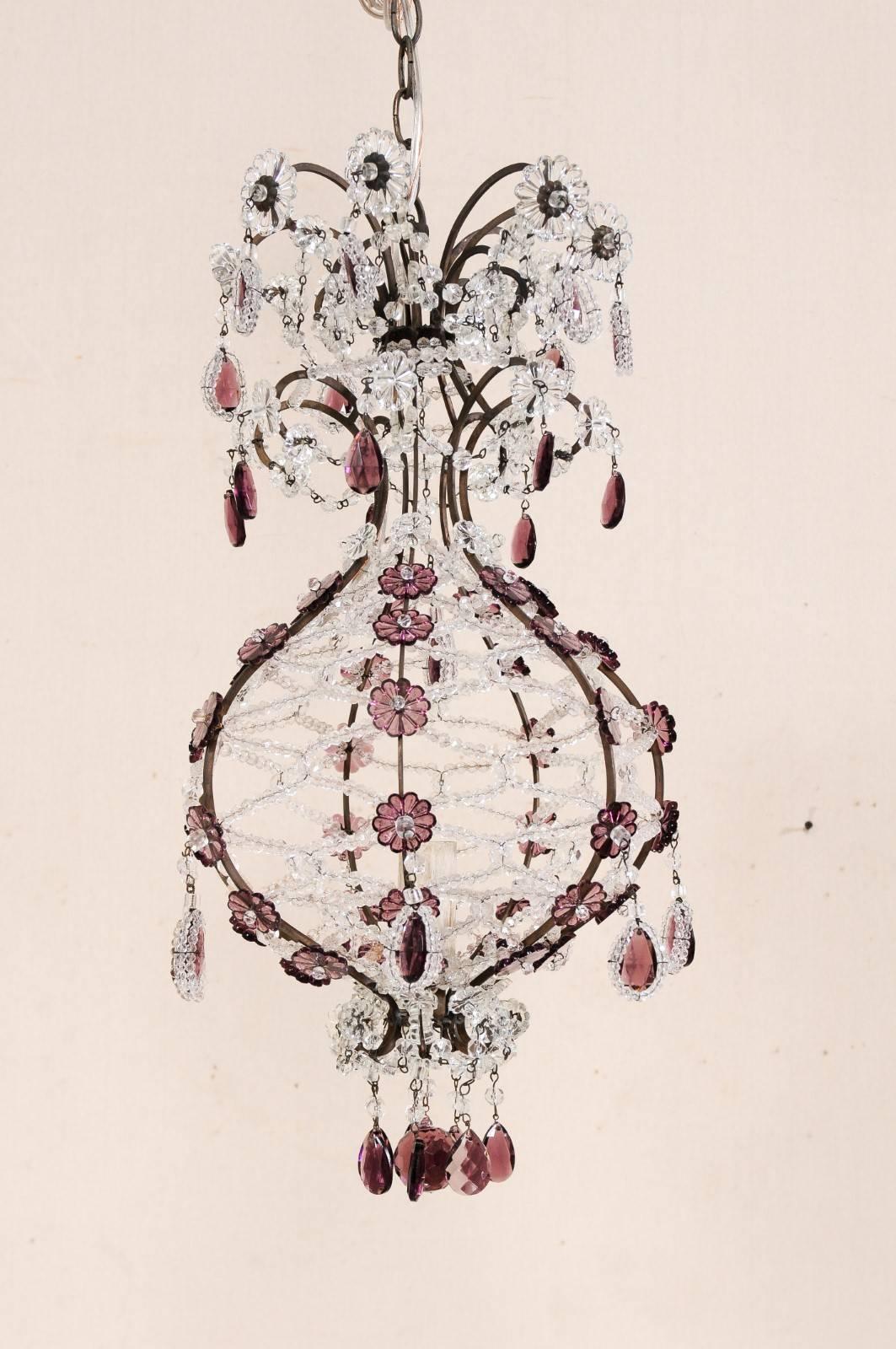 Italian Balloon-Shaped Chandelier Pendant w/Clear & Amethyst Colored Crystals In Good Condition For Sale In Atlanta, GA