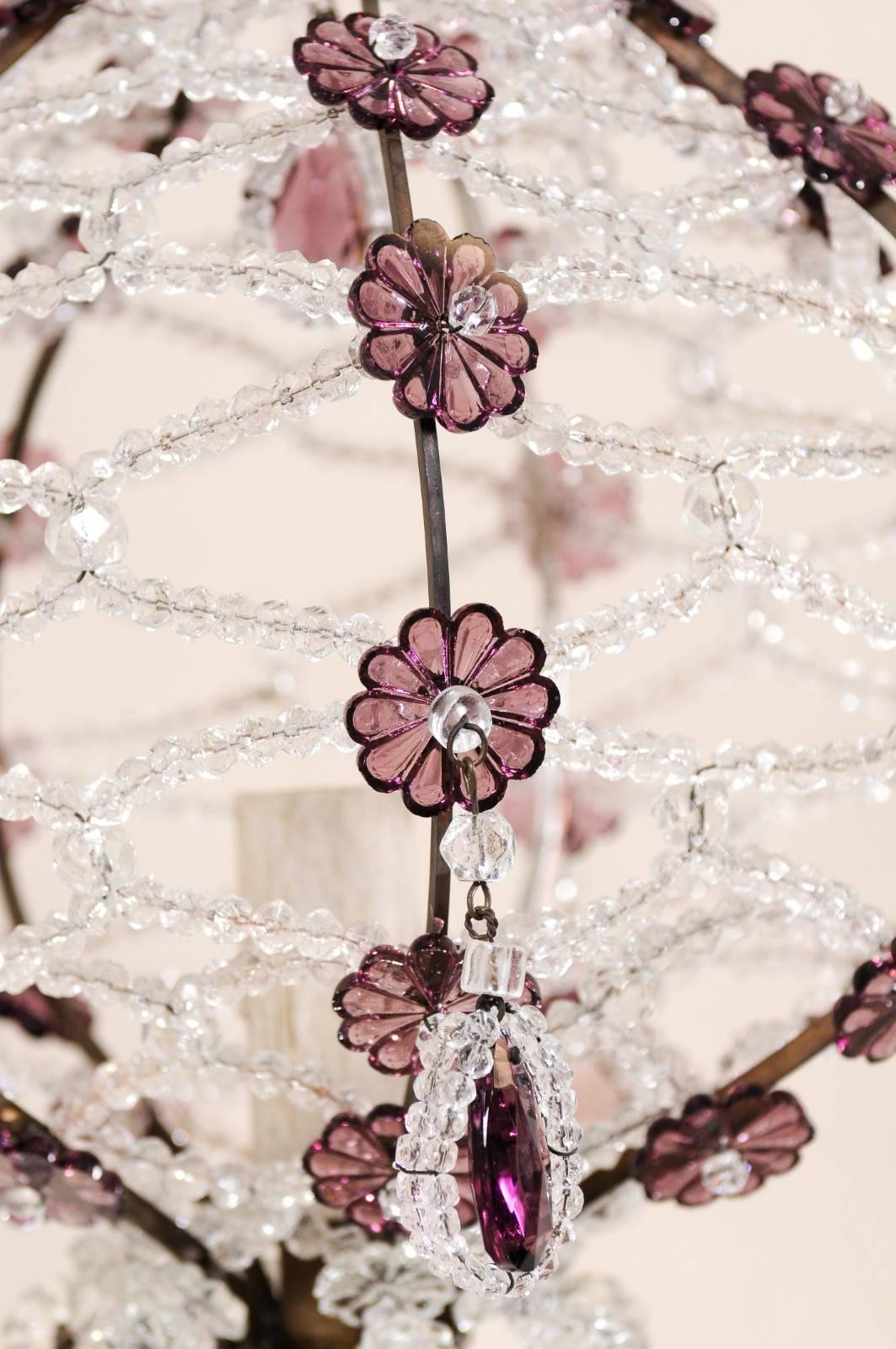 Metal Italian Balloon-Shaped Chandelier Pendant w/Clear & Amethyst Colored Crystals For Sale