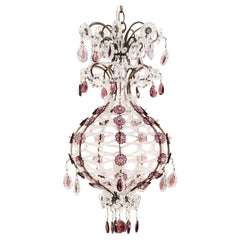Italian Balloon-Shaped Chandelier Pendant w/Clear & Amethyst Colored Crystals