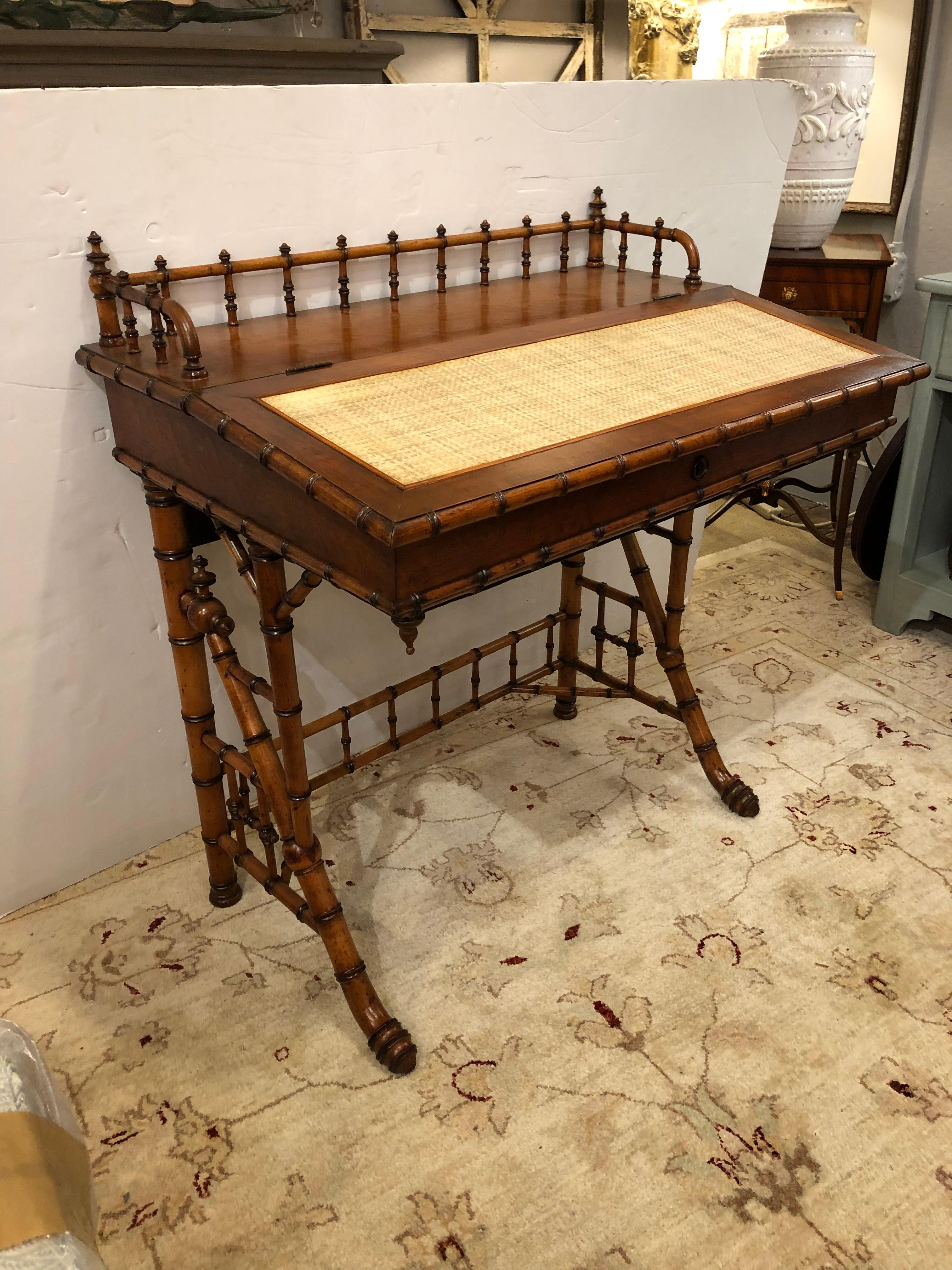 Delightful Bamboo & Grasscloth Vintage Writing Desk and Matching Chair 3