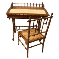 Delightful Bamboo & Grasscloth Vintage Writing Desk and Matching Chair