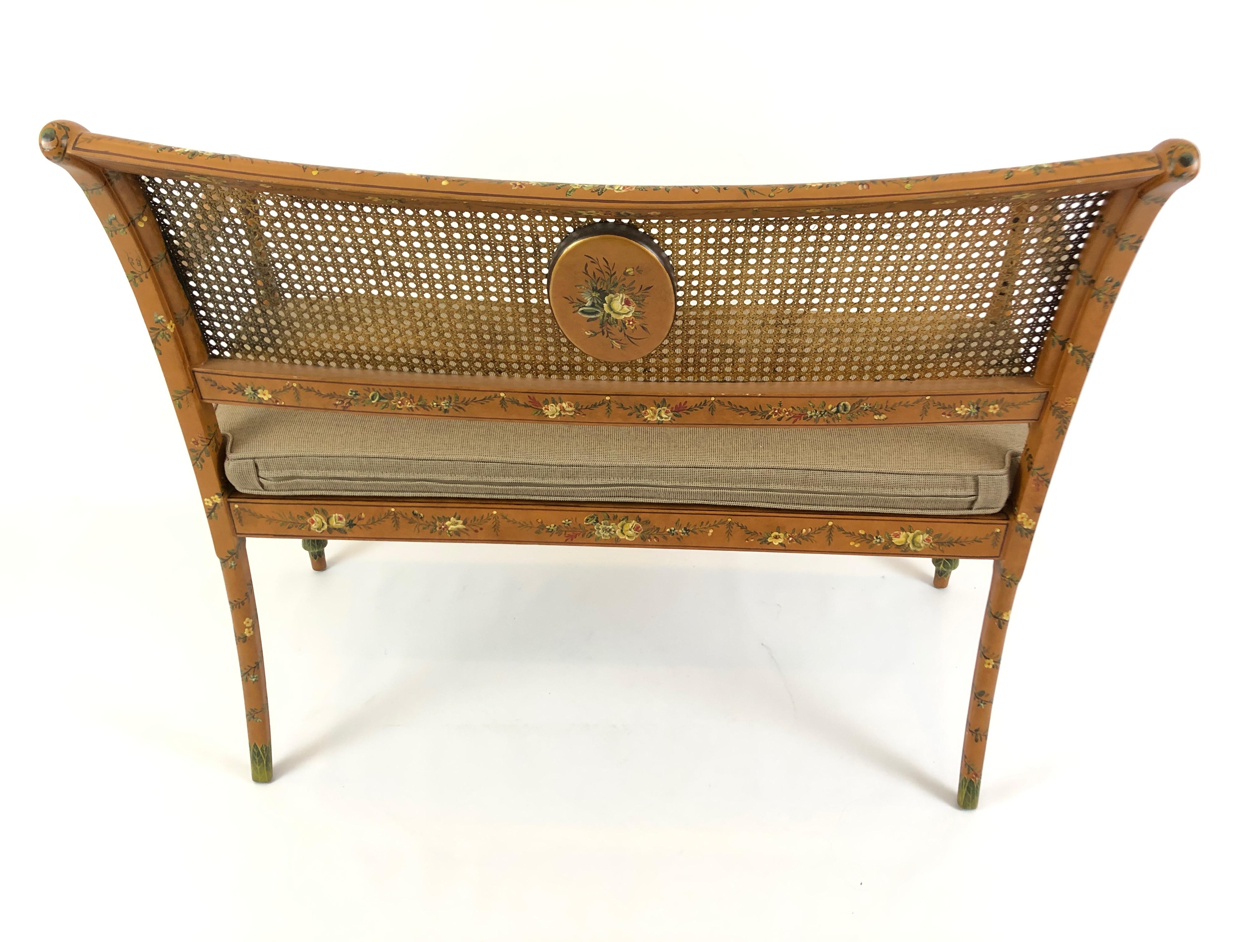 Delightful Caned and Hand Painted Venetian Style Loveseat Settee In Excellent Condition In Hopewell, NJ
