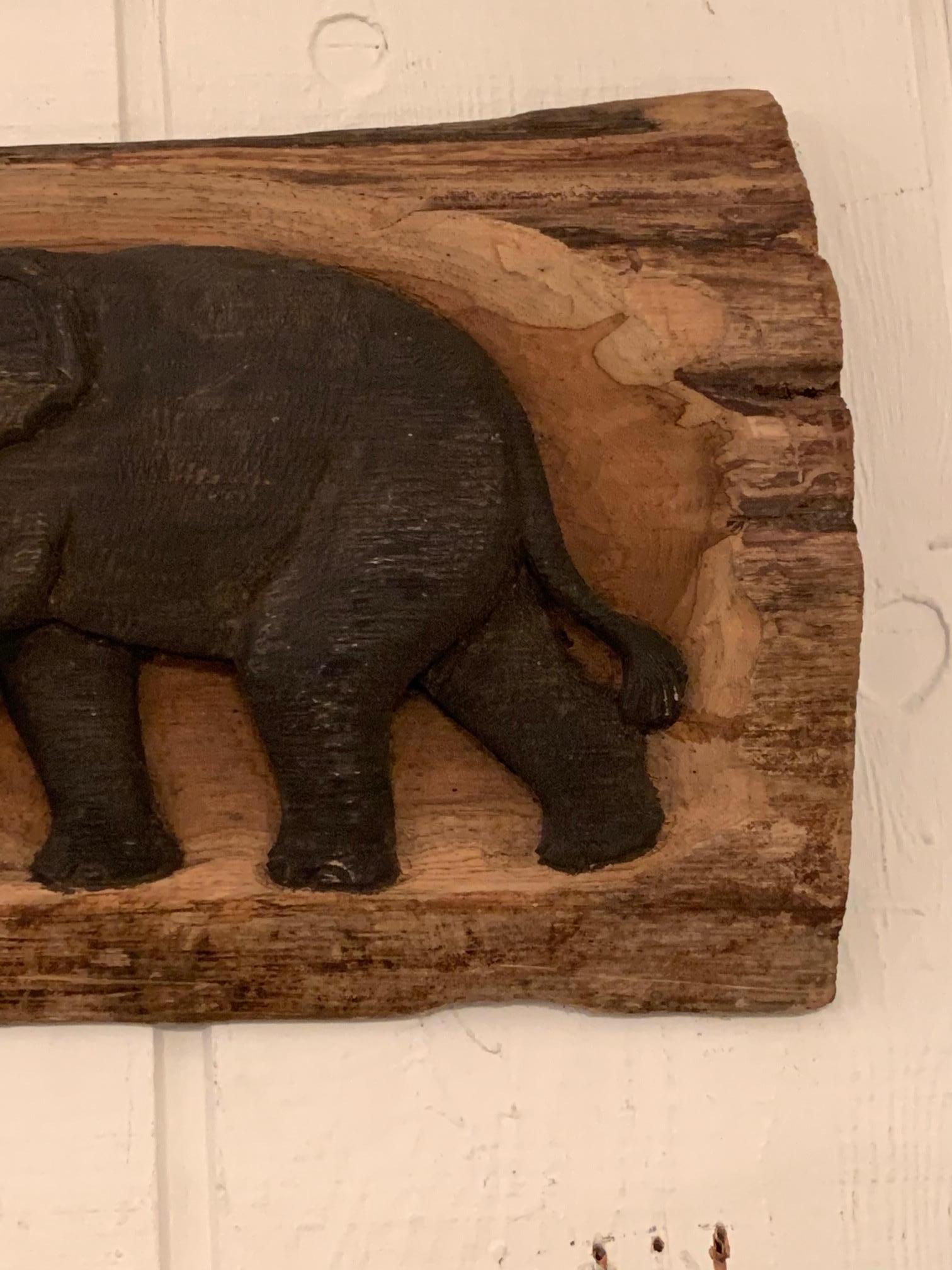 American Delightful Carved Wood Long Horizontal Wall Relief Sculpture of Elephants For Sale