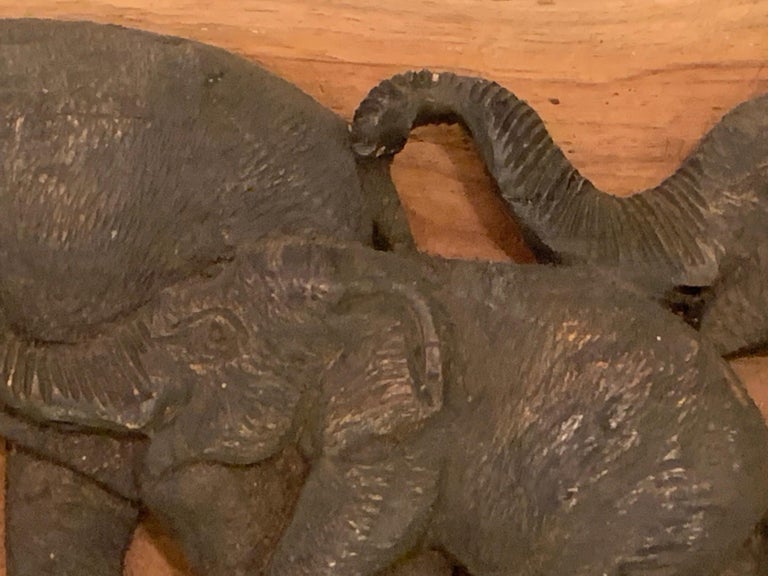 Delightful Carved Wood Long Horizontal Wall Relief Sculpture of Elephants For Sale 3