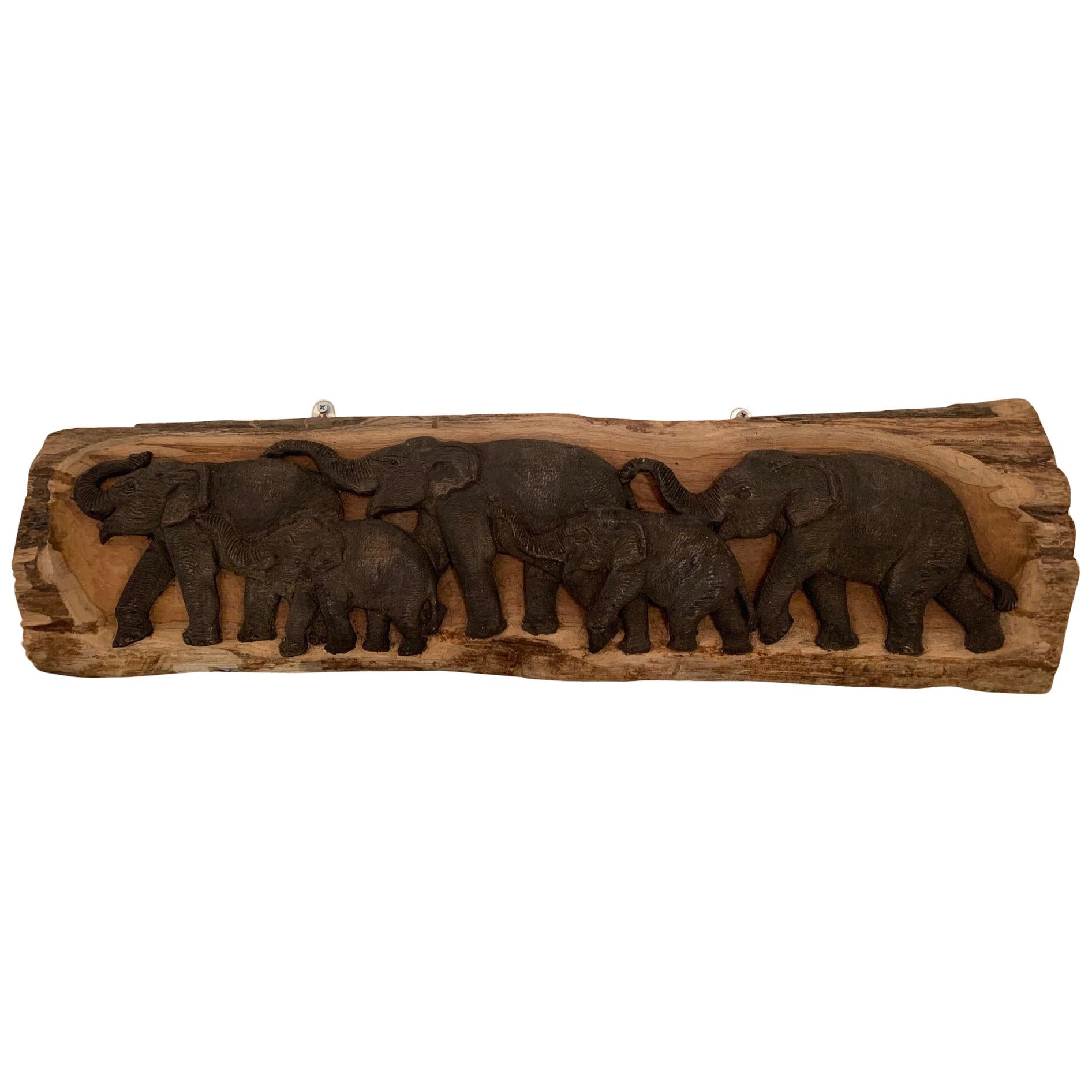Delightful Carved Wood Long Horizontal Wall Relief Sculpture of Elephants For Sale
