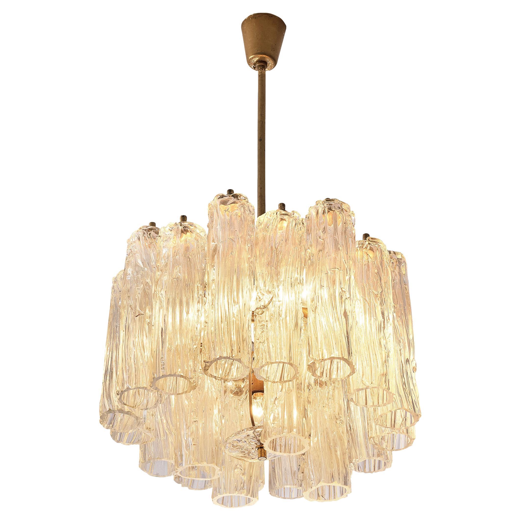 Large Chandelier in Brass and Structured Glass For Sale at 1stDibs