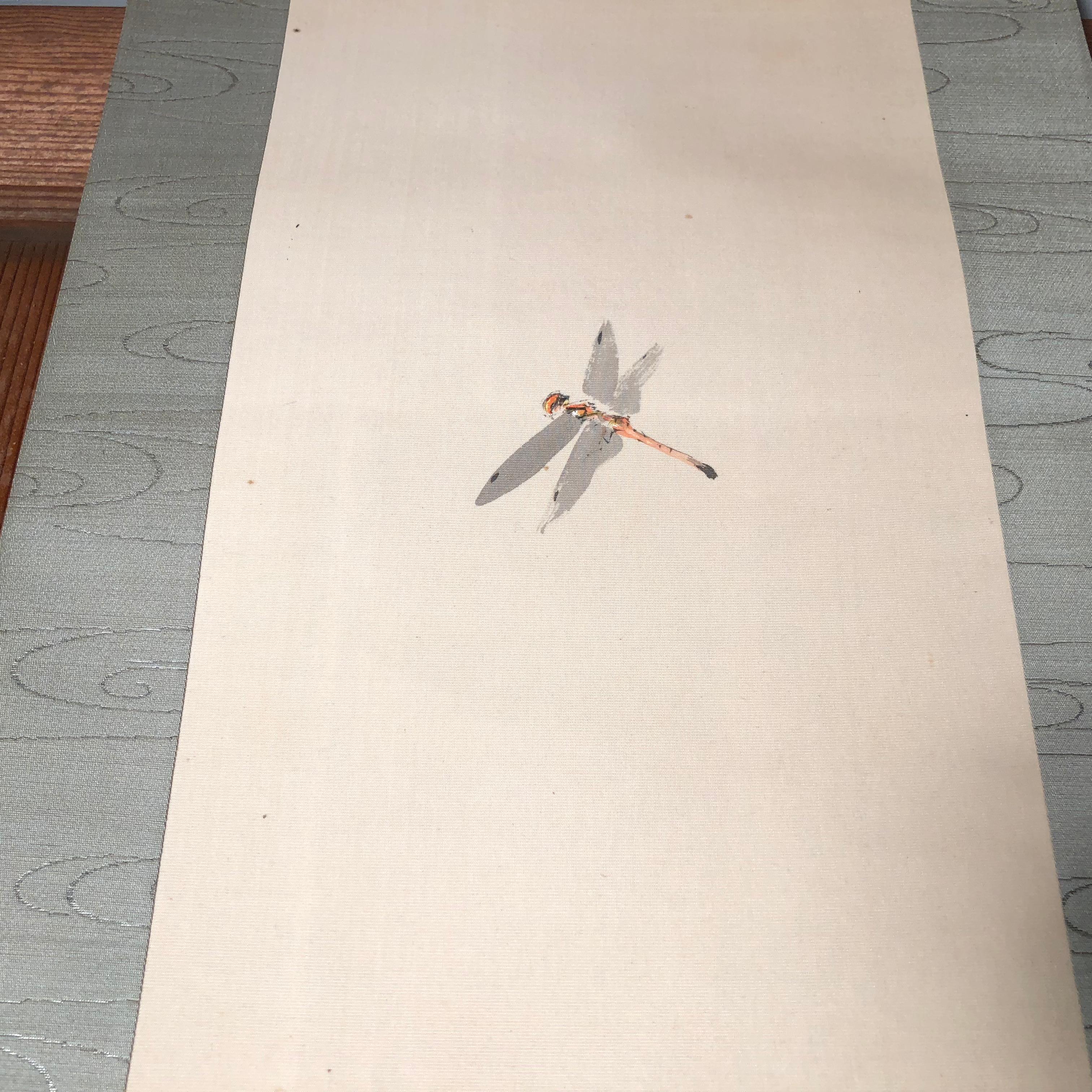 Delightful Dragonfly Japanese Antique Hand Painted Silk Scroll, Meiji Period 5