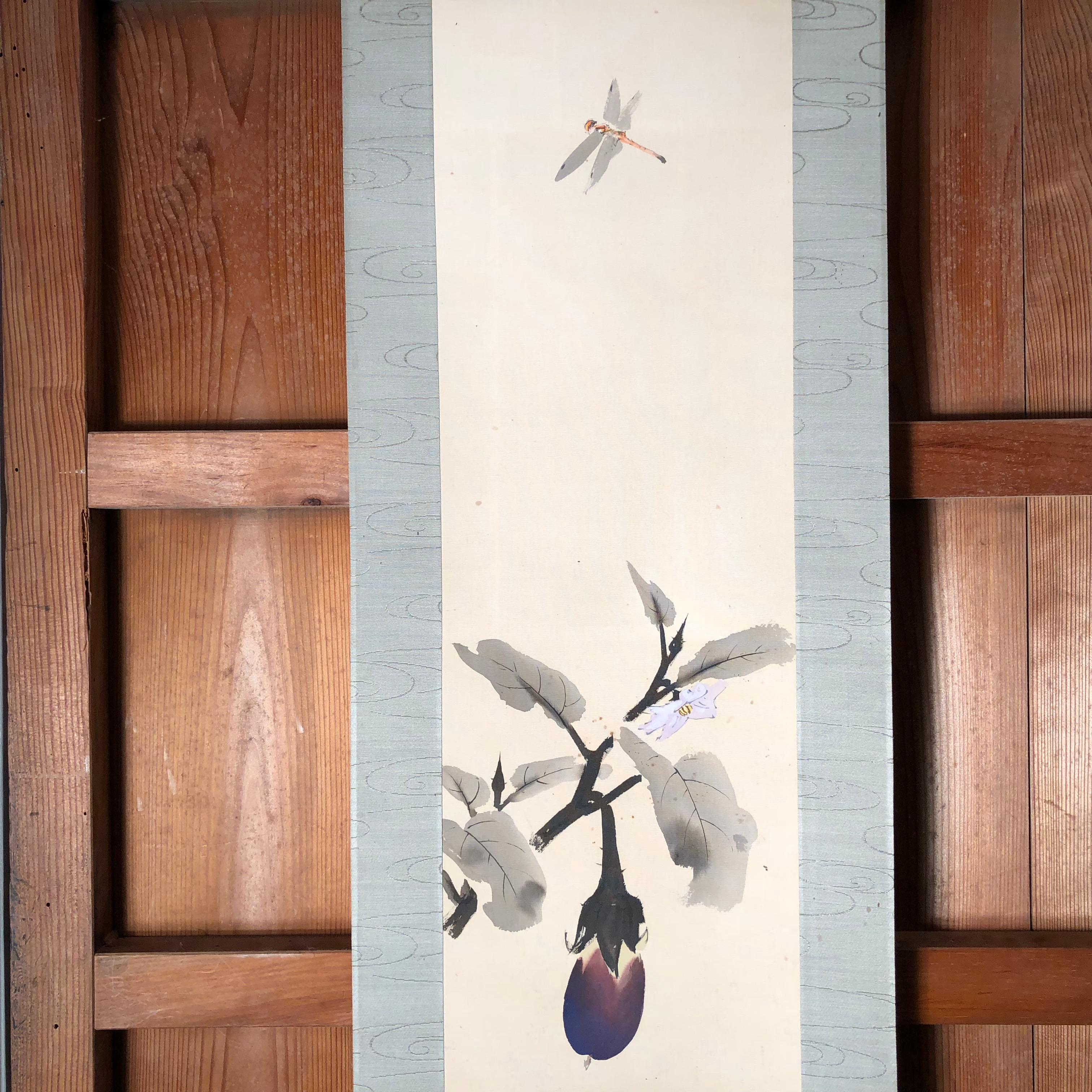 Delightful Dragonfly Japanese Antique Hand Painted Silk Scroll, Meiji Period 6