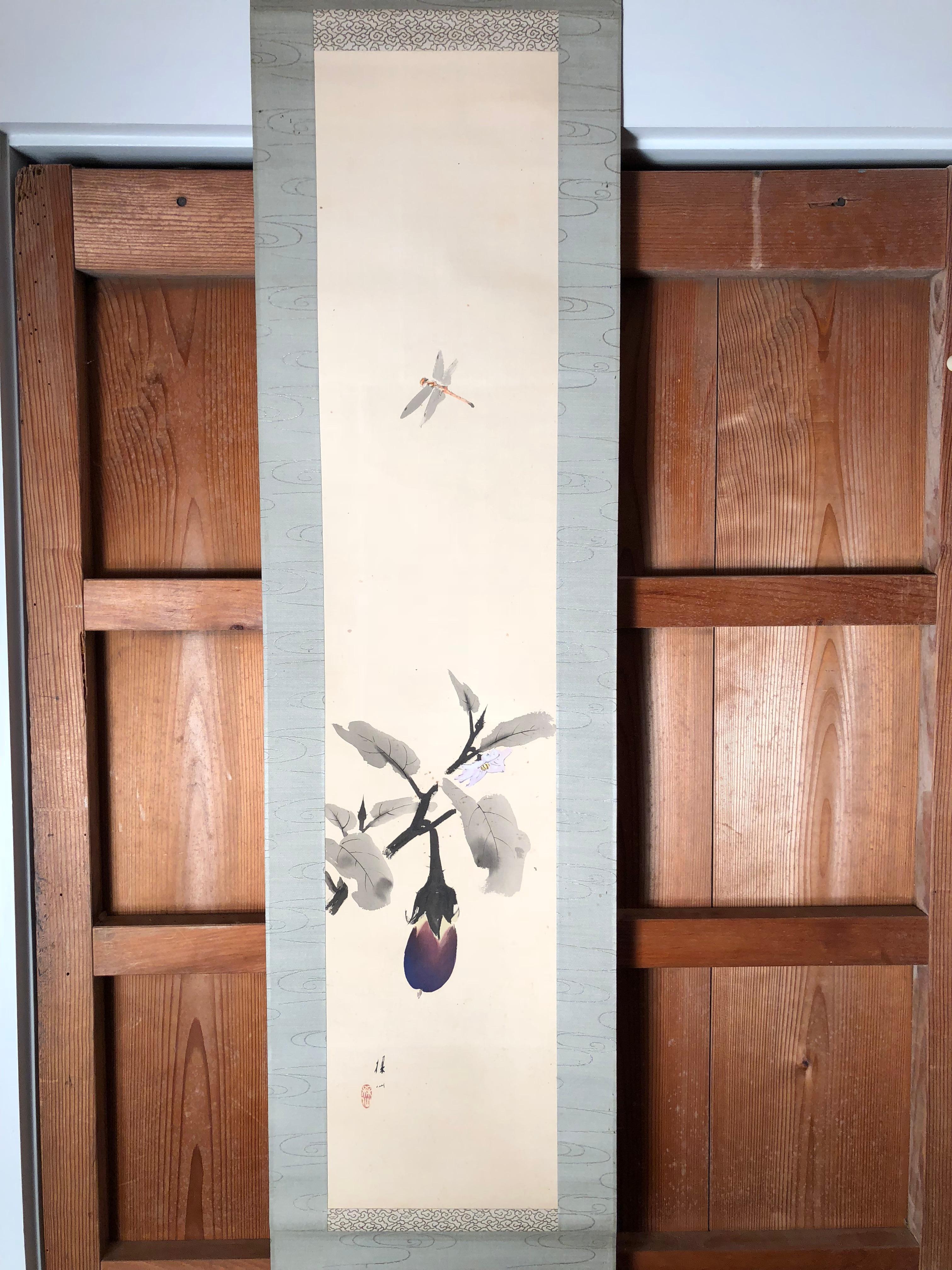 Delightful Dragonfly Japanese Antique Hand Painted Silk Scroll, Meiji Period In Good Condition In South Burlington, VT