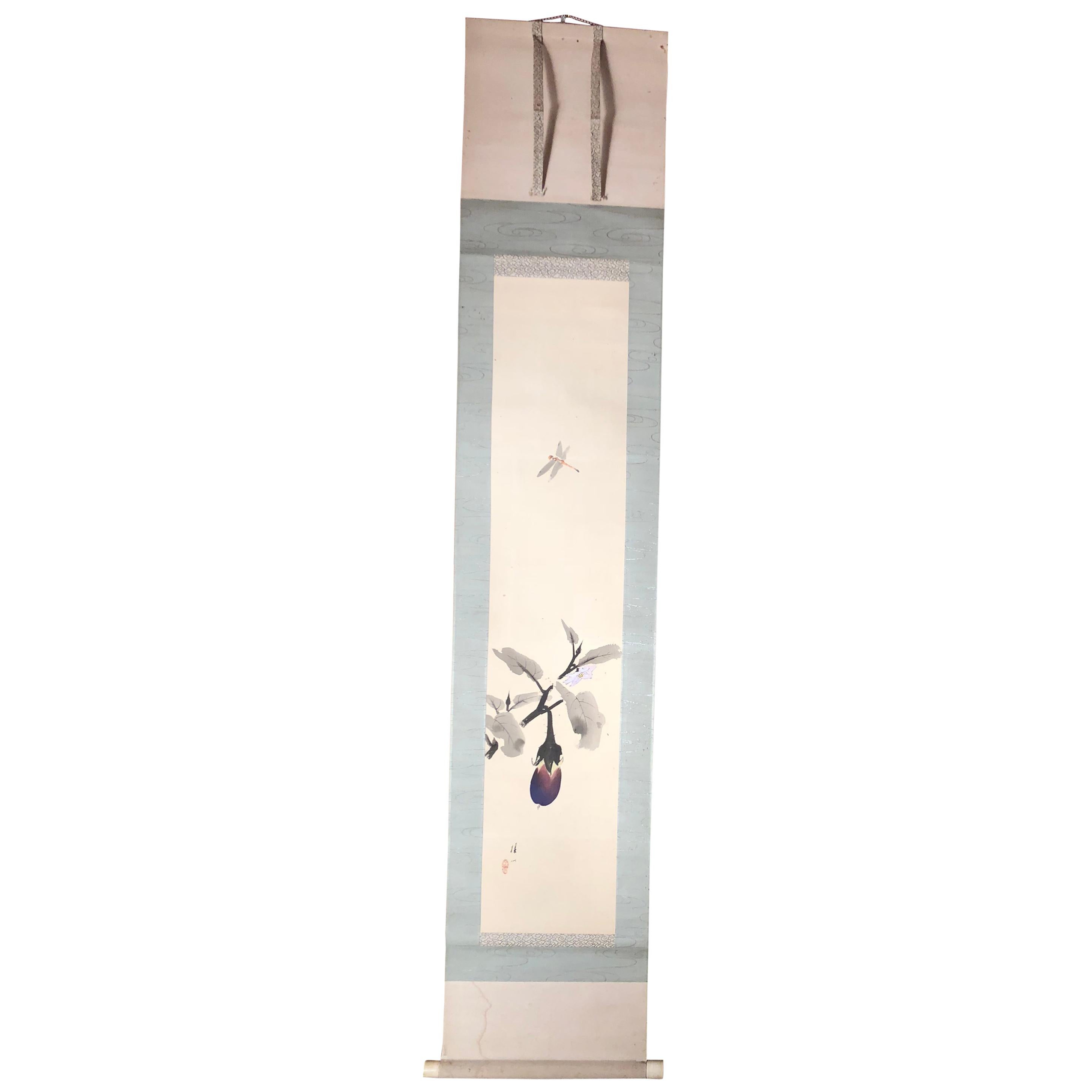 Delightful Dragonfly Japanese Antique Hand Painted Silk Scroll, Meiji Period