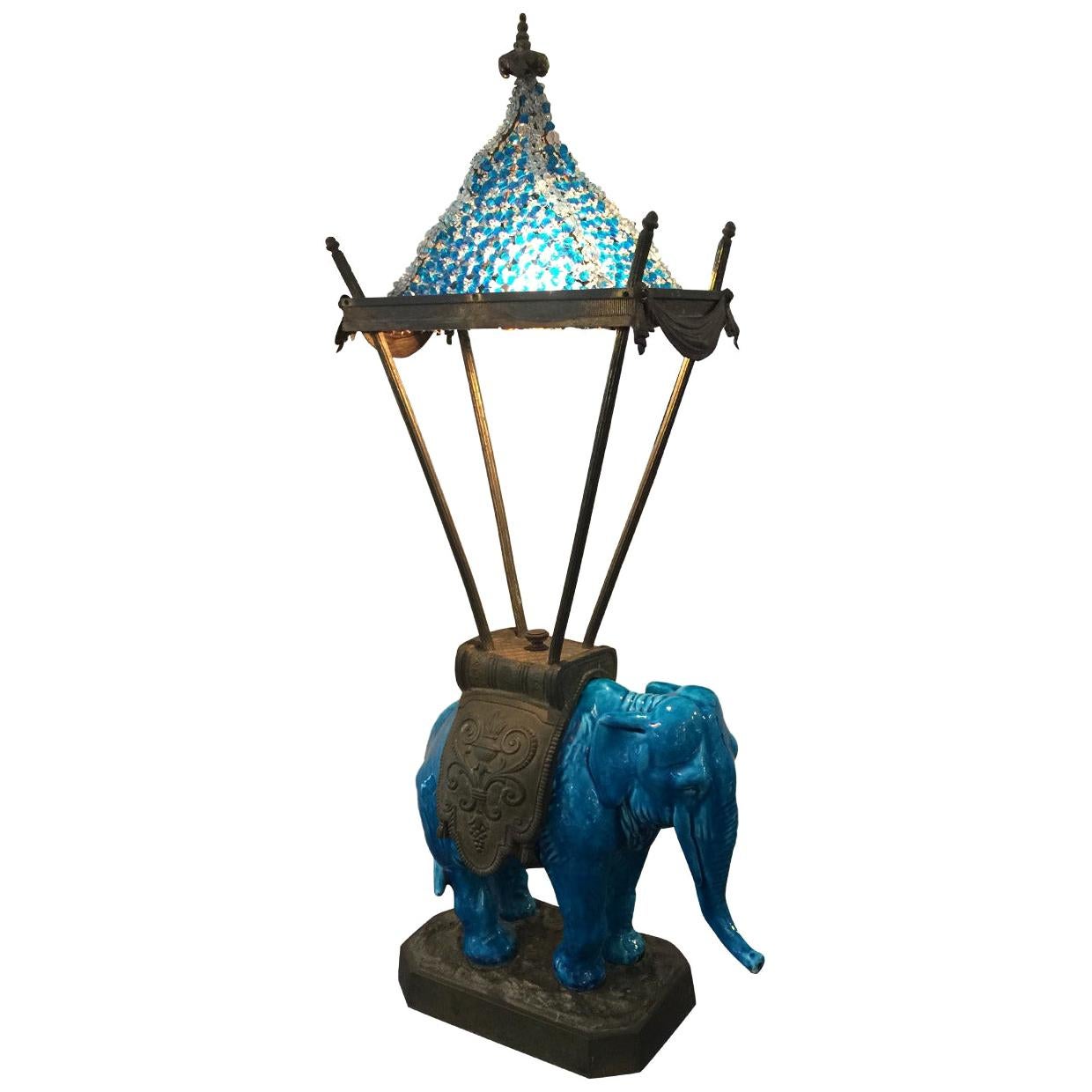 Delightful English Blue Ceramic Elephant Table Lamp