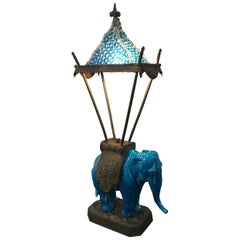 Antique Delightful English Blue Ceramic Elephant Table Lamp