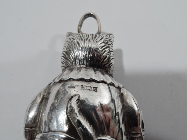 Delightful English Victorian Sterling Silver Kitty Cat Rattle For Sale 1