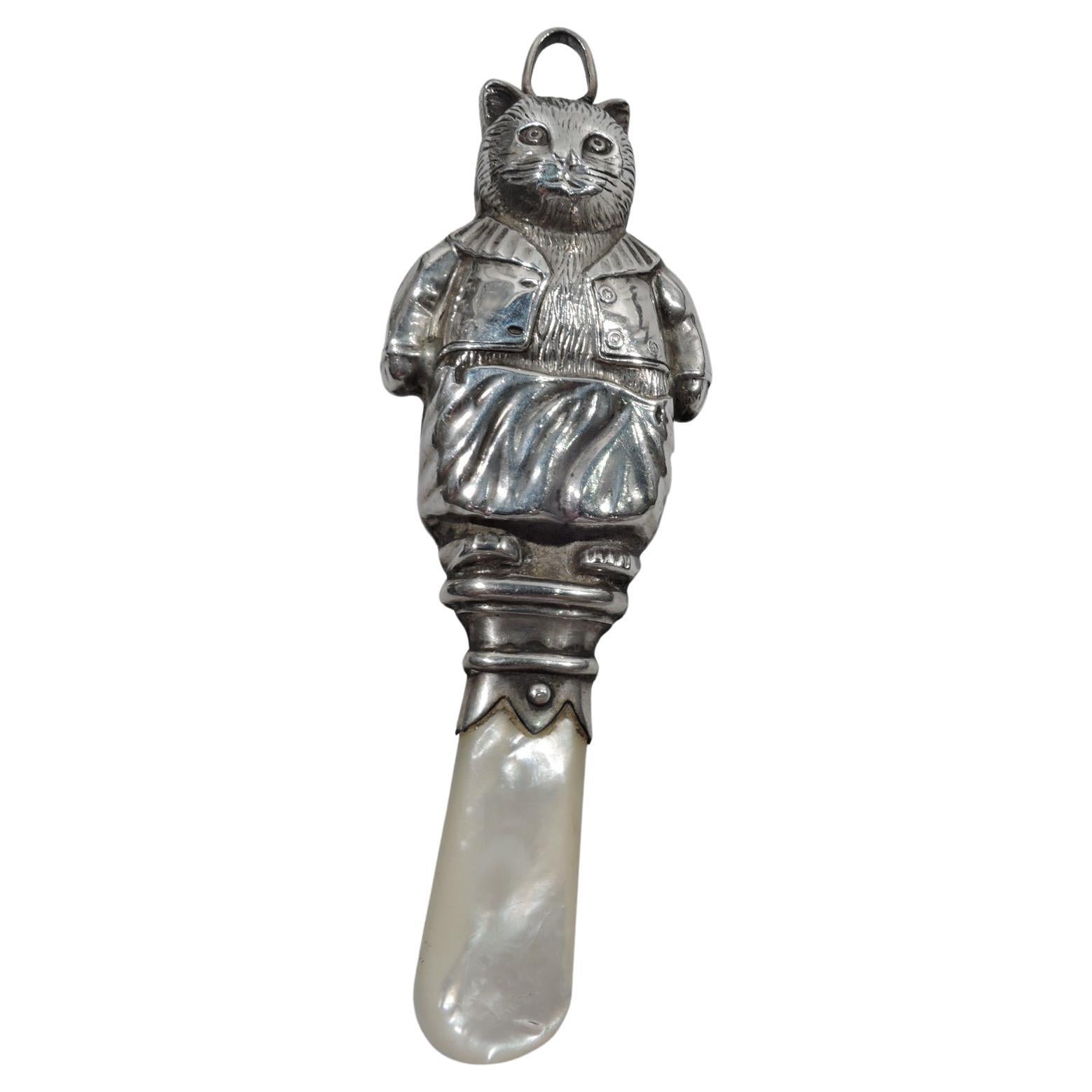 Delightful English Victorian Sterling Silver Kitty Cat Rattle For Sale