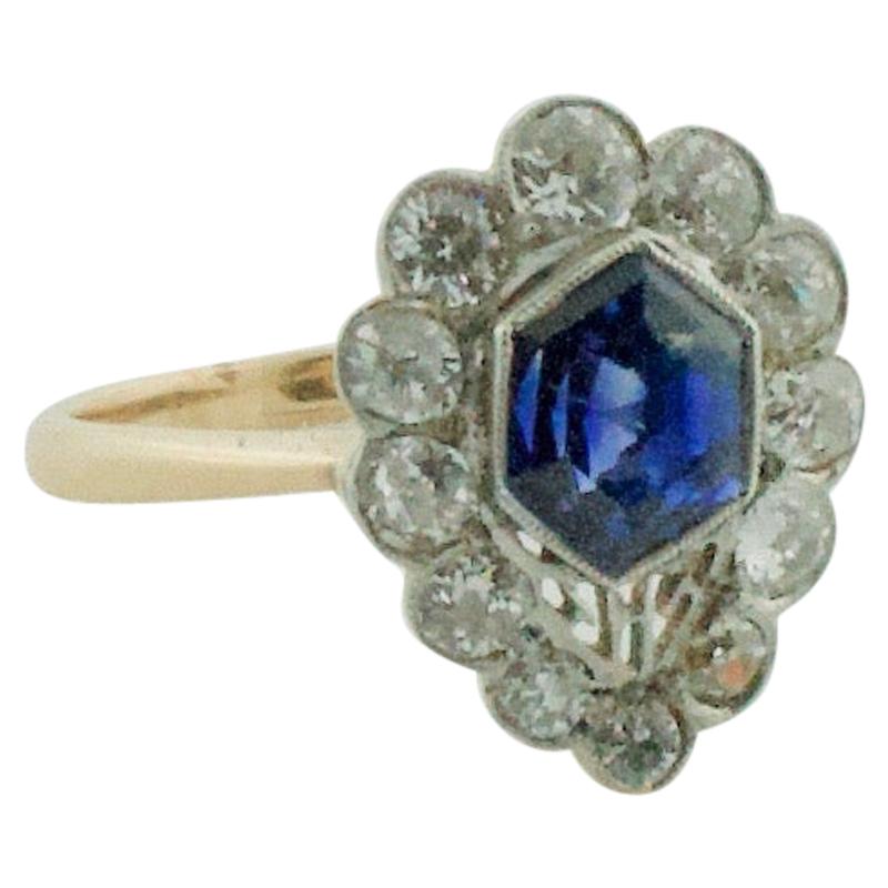 Delightful Fancy Cut Sapphire and Diamond Ring circa 1920s in Platinum and 14k