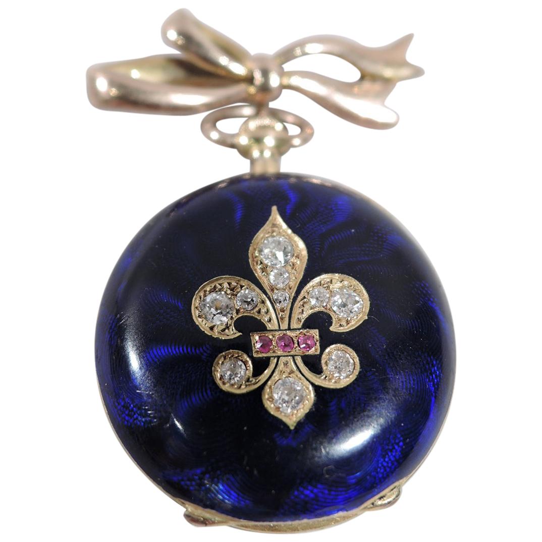 Delightful French Fleur de Lis 18 Karat Gold, Diamond and Blue Enamel Watch