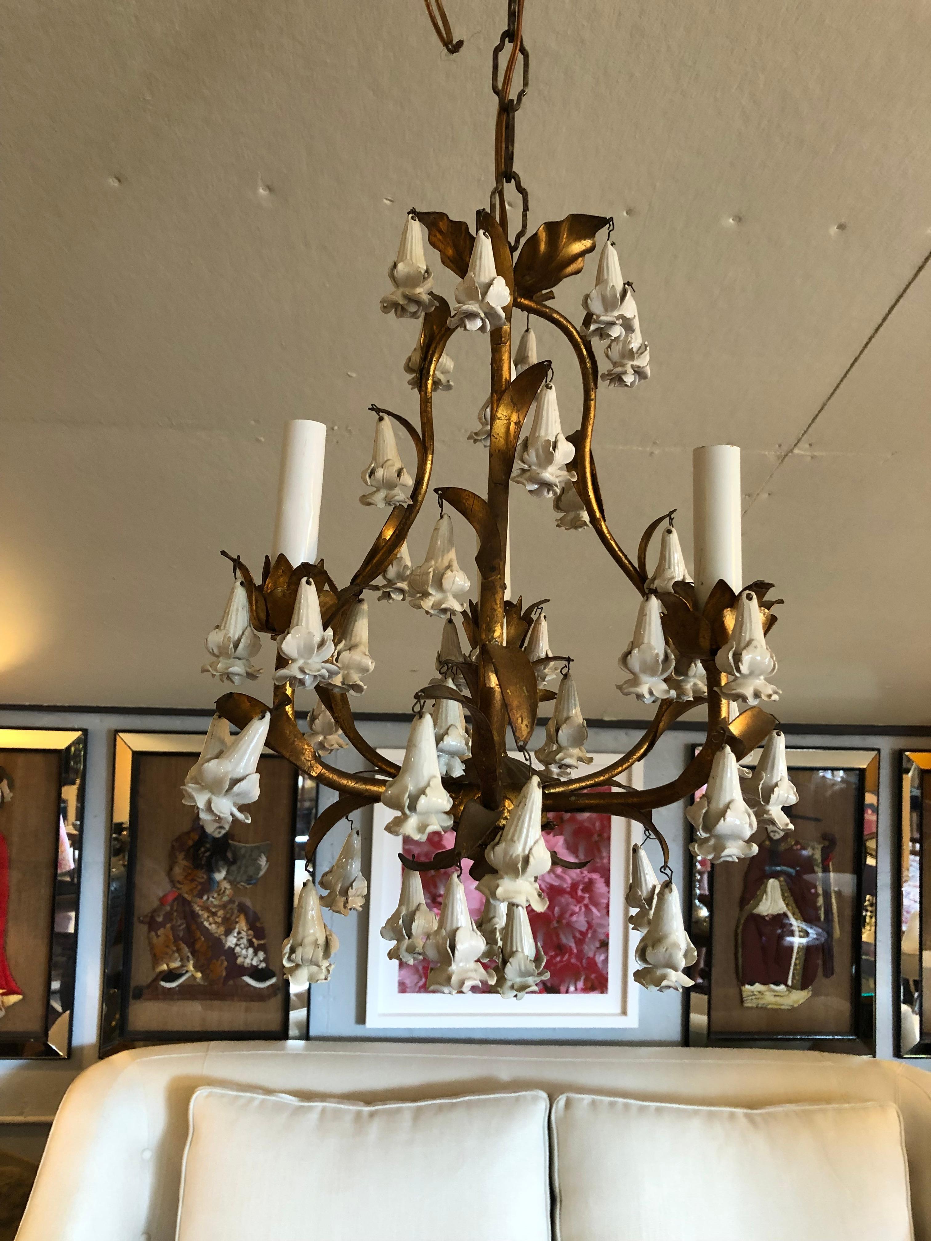 Delightful Giltmetal Italian Small Chandelier with Lovely Porcelain Flowers In Good Condition In Hopewell, NJ