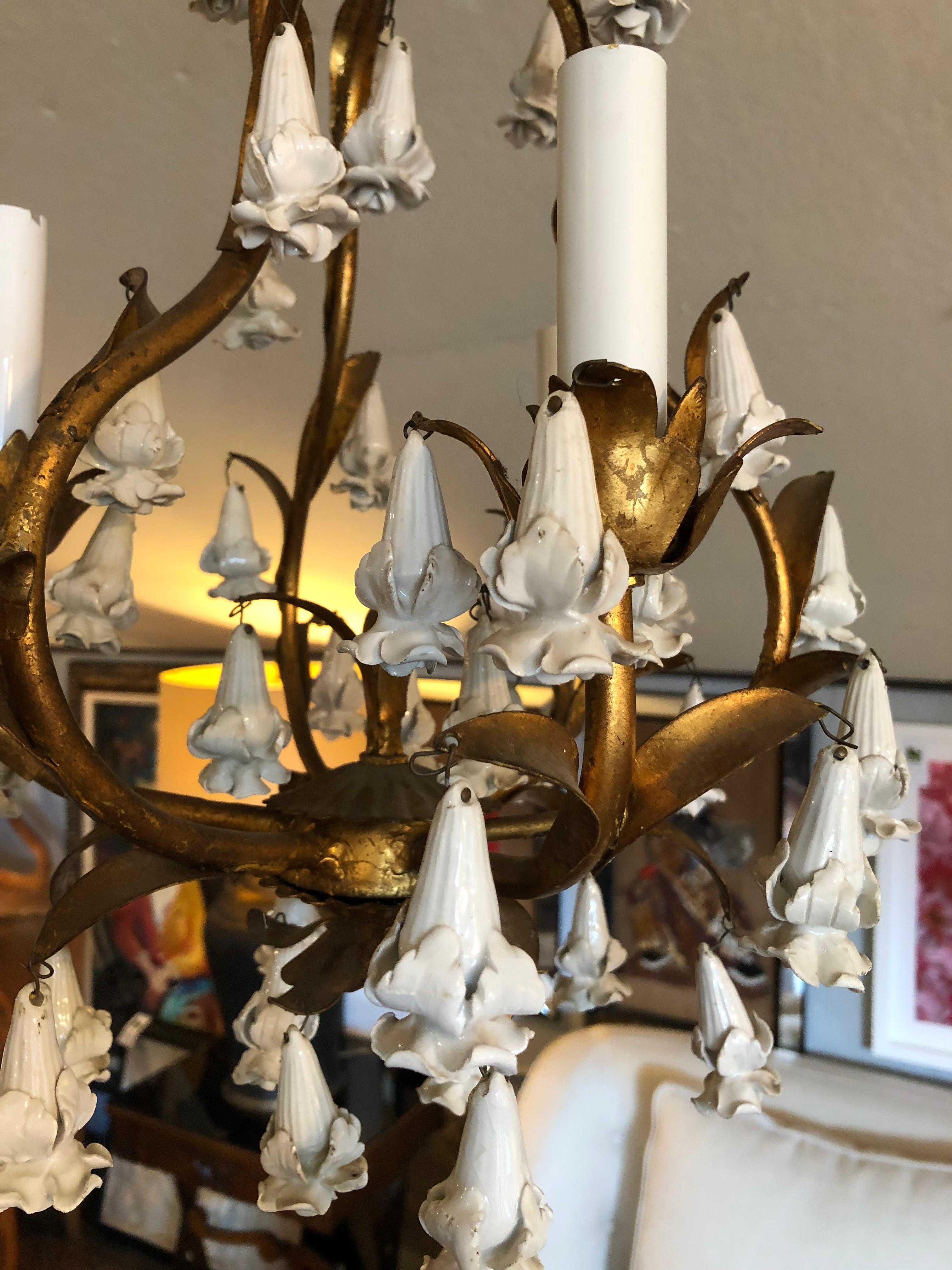 Mid-20th Century Delightful Giltmetal Italian Small Chandelier with Lovely Porcelain Flowers