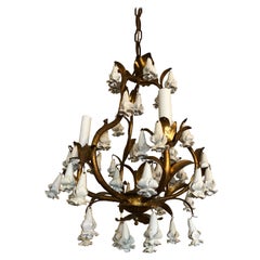 Delightful Giltmetal Italian Small Chandelier with Lovely Porcelain Flowers