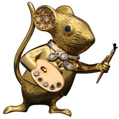 Delightful Gold and Gem Set Artist Mouse Brooch by E Wolfe