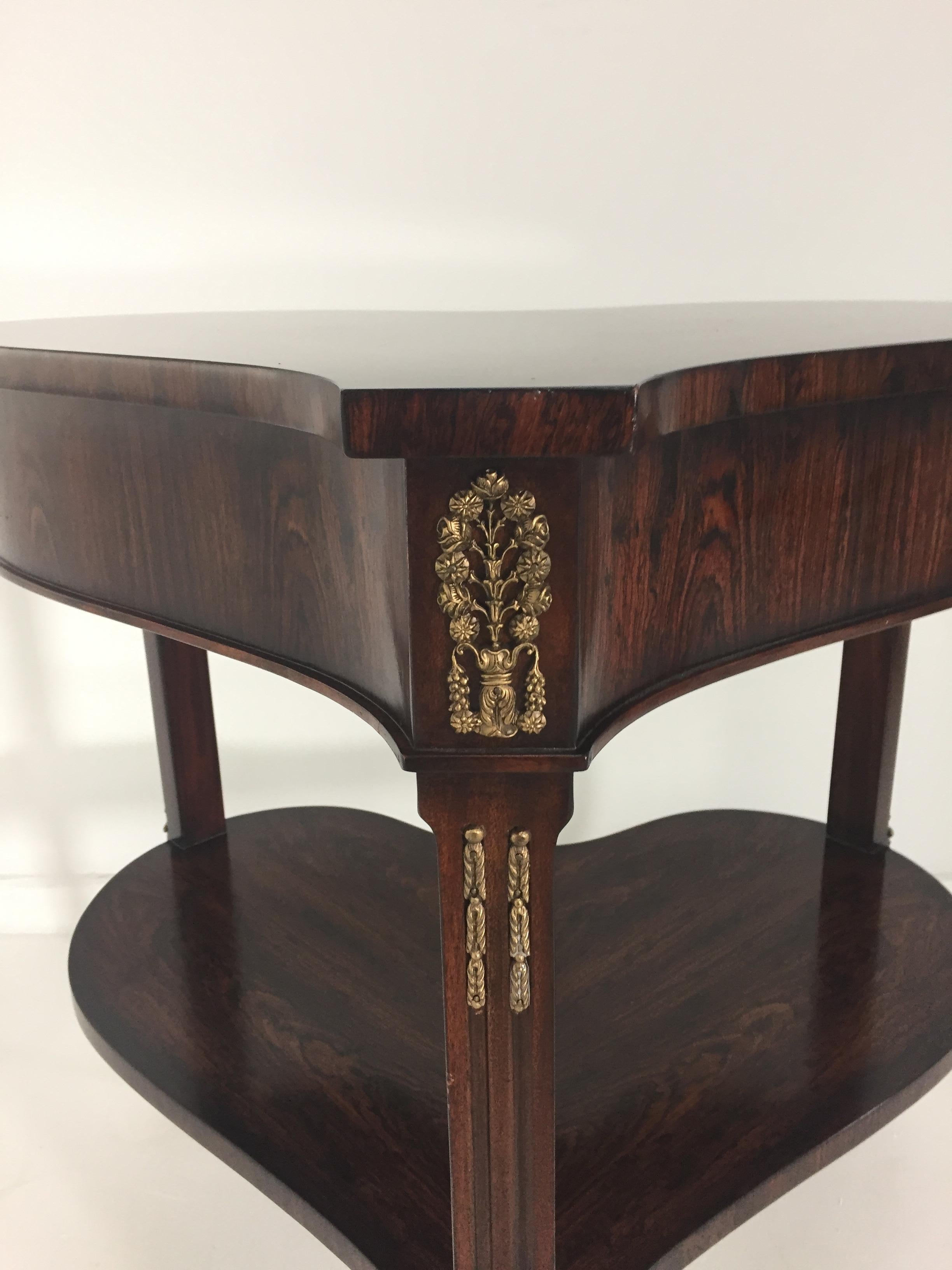 A gorgeous romantically shaped two-tier side table in rich mahogany, embellished with bronze mounts and fabulous ornate paw feet.
Measures: 2nd shelf is 10.25 H from floor.