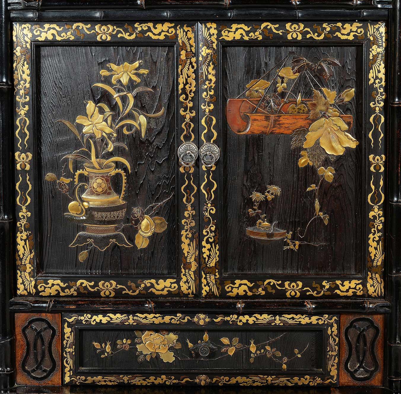 19th Century Delightful Japanese Bamboo Form Gold Lacquer Kazaridana Cabinet For Sale