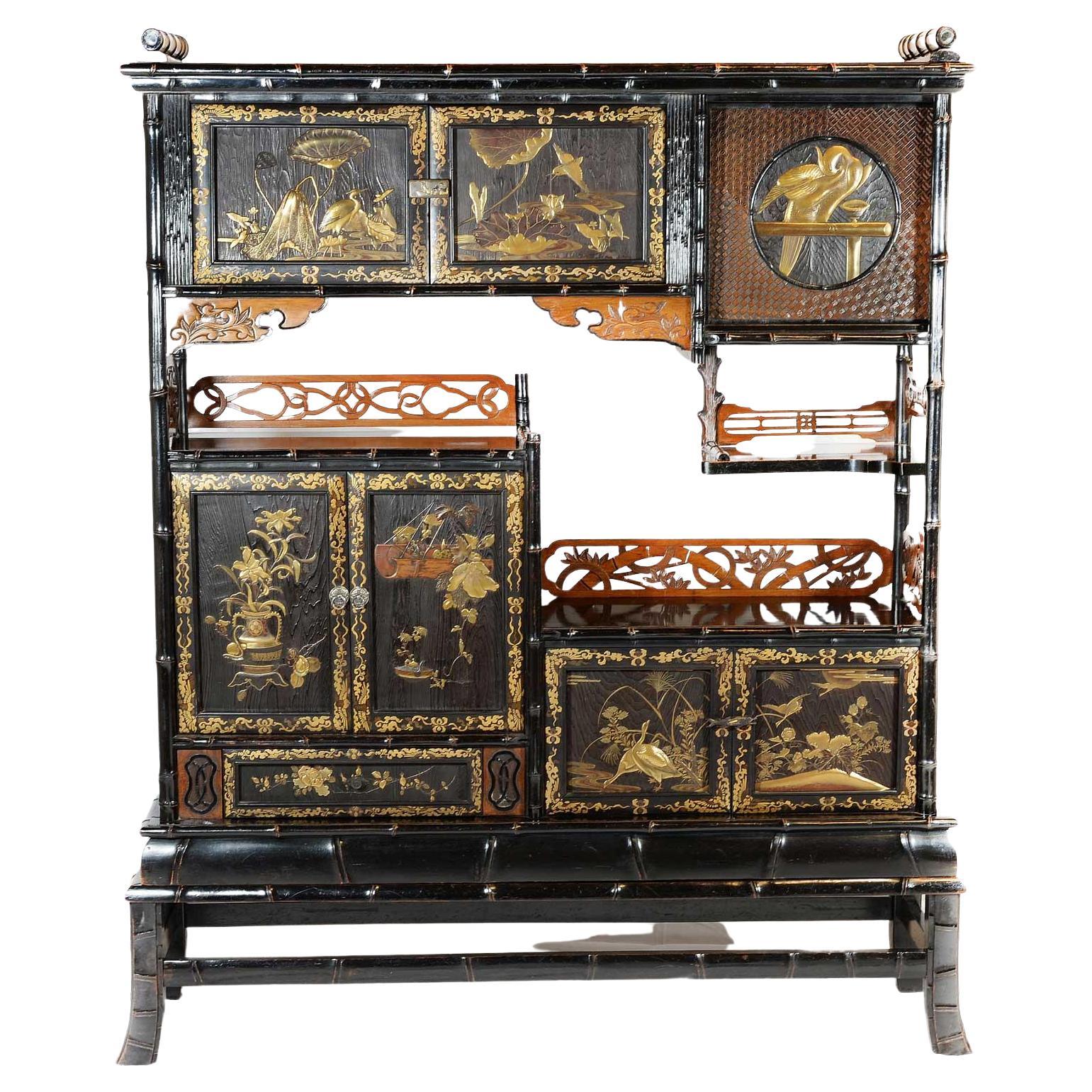 Delightful Japanese Bamboo Form Gold Lacquer Kazaridana Cabinet For Sale