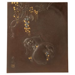 Used Delightful Japanese Iron Panel of Puppies- Funakoshi Shunmin