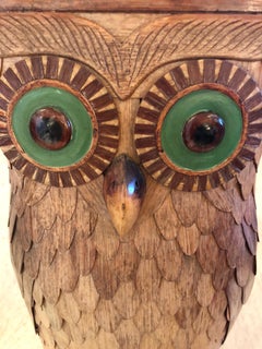Delightful and Large Wooden Owl Vessel with Glass Eyes