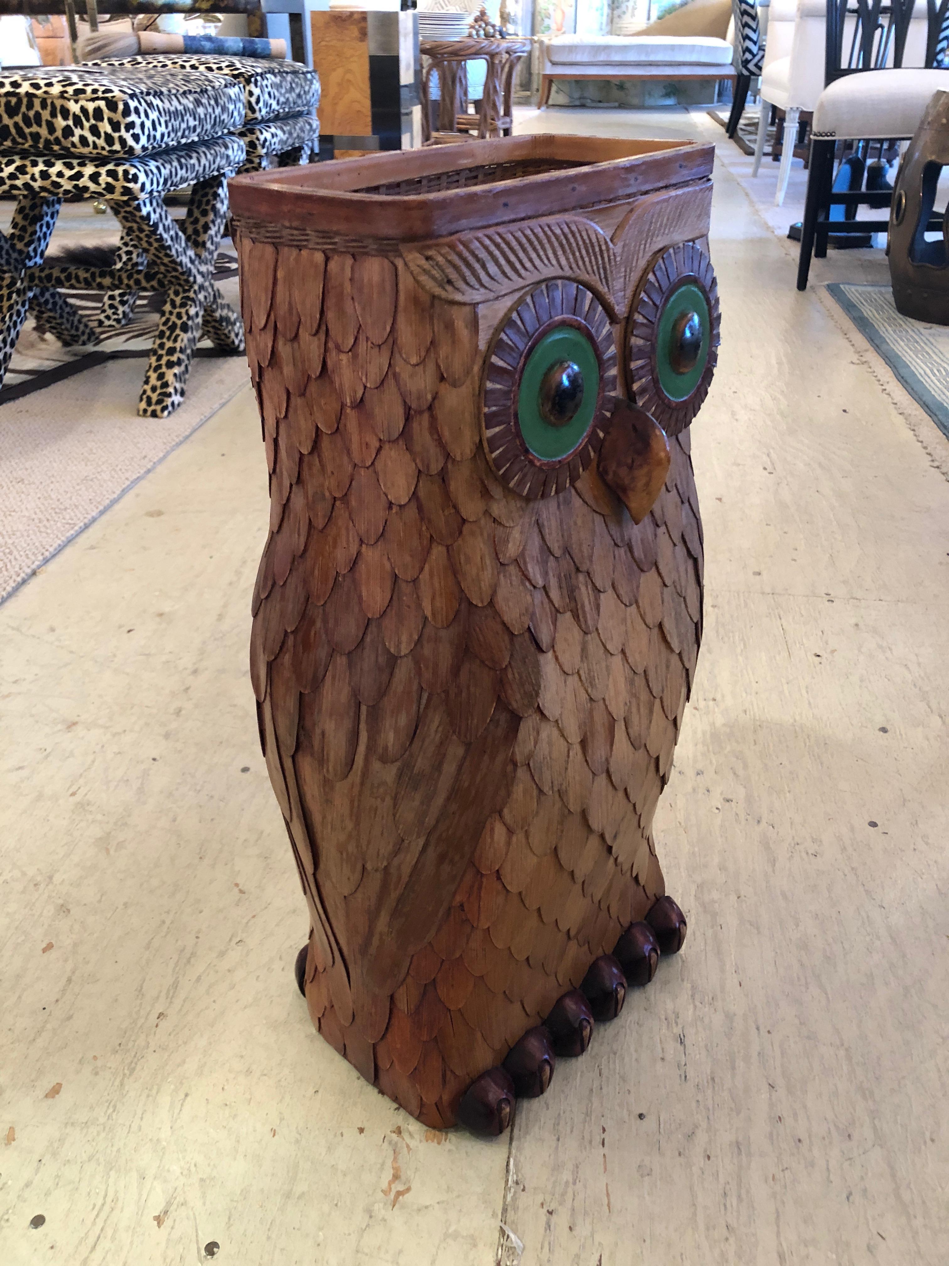 Late 20th Century Delightful and Large Wooden Owl Vessel with Glass Eyes