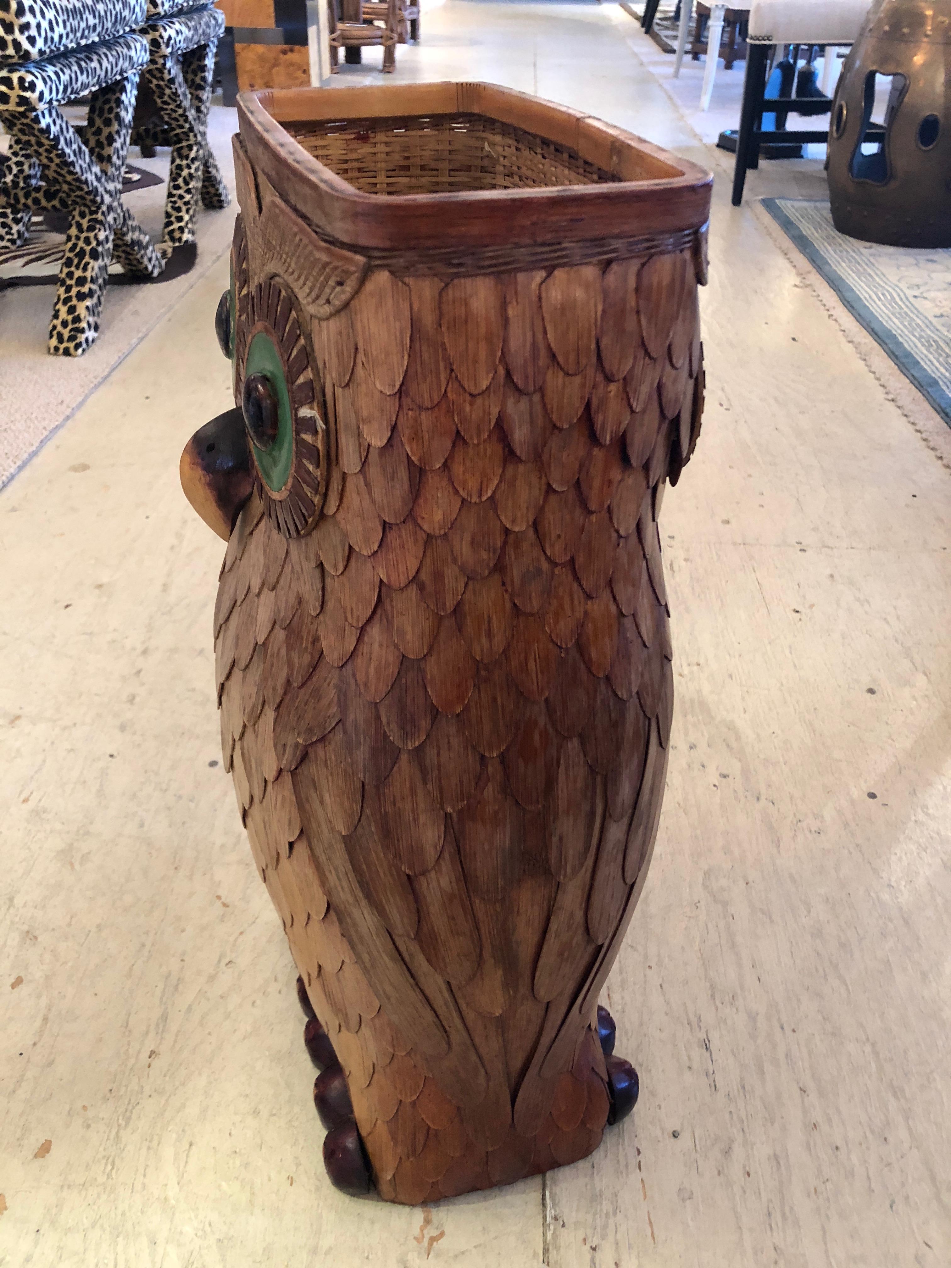 Delightful and Large Wooden Owl Vessel with Glass Eyes 1