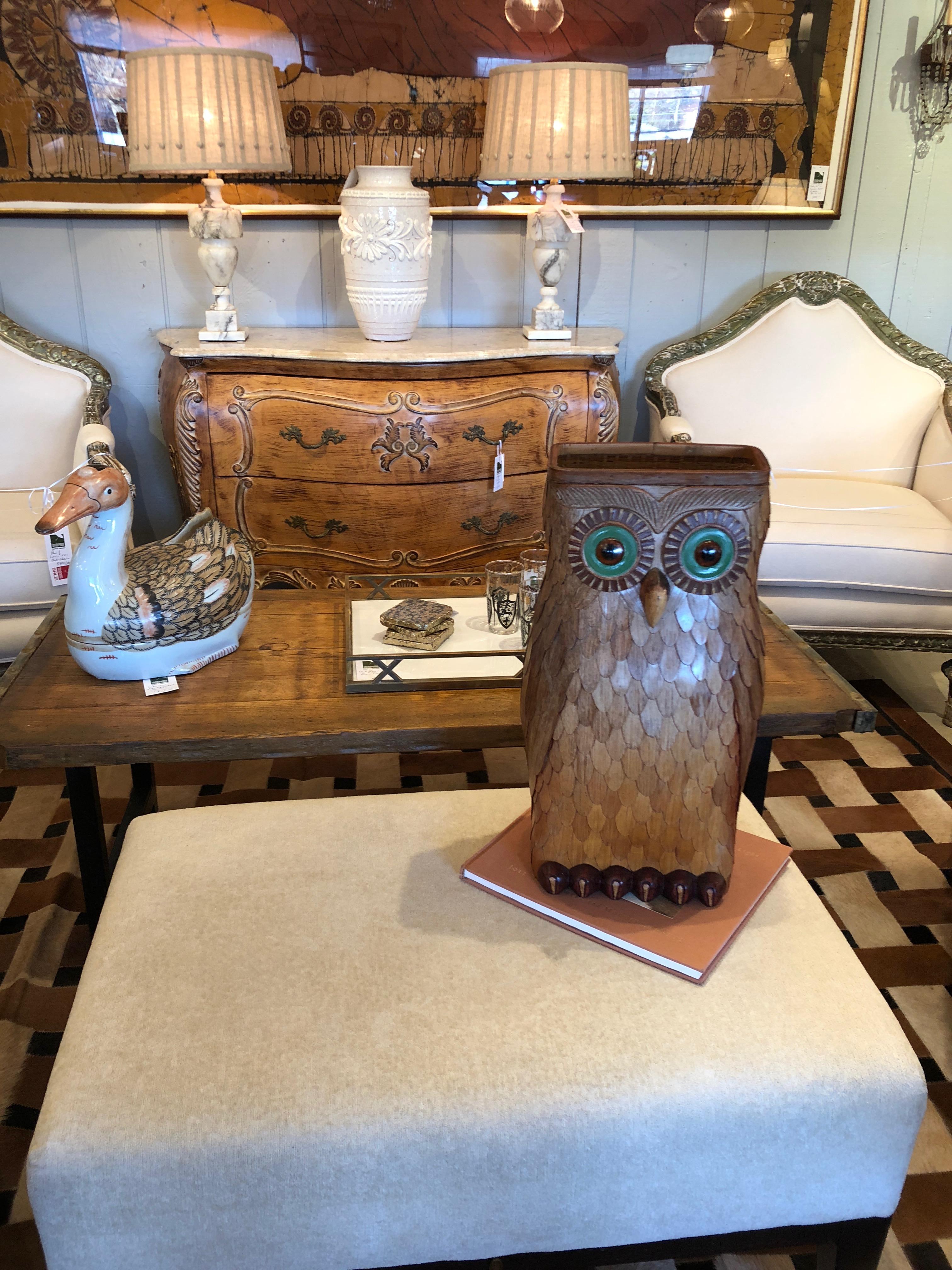 Delightful and Large Wooden Owl Vessel with Glass Eyes 3