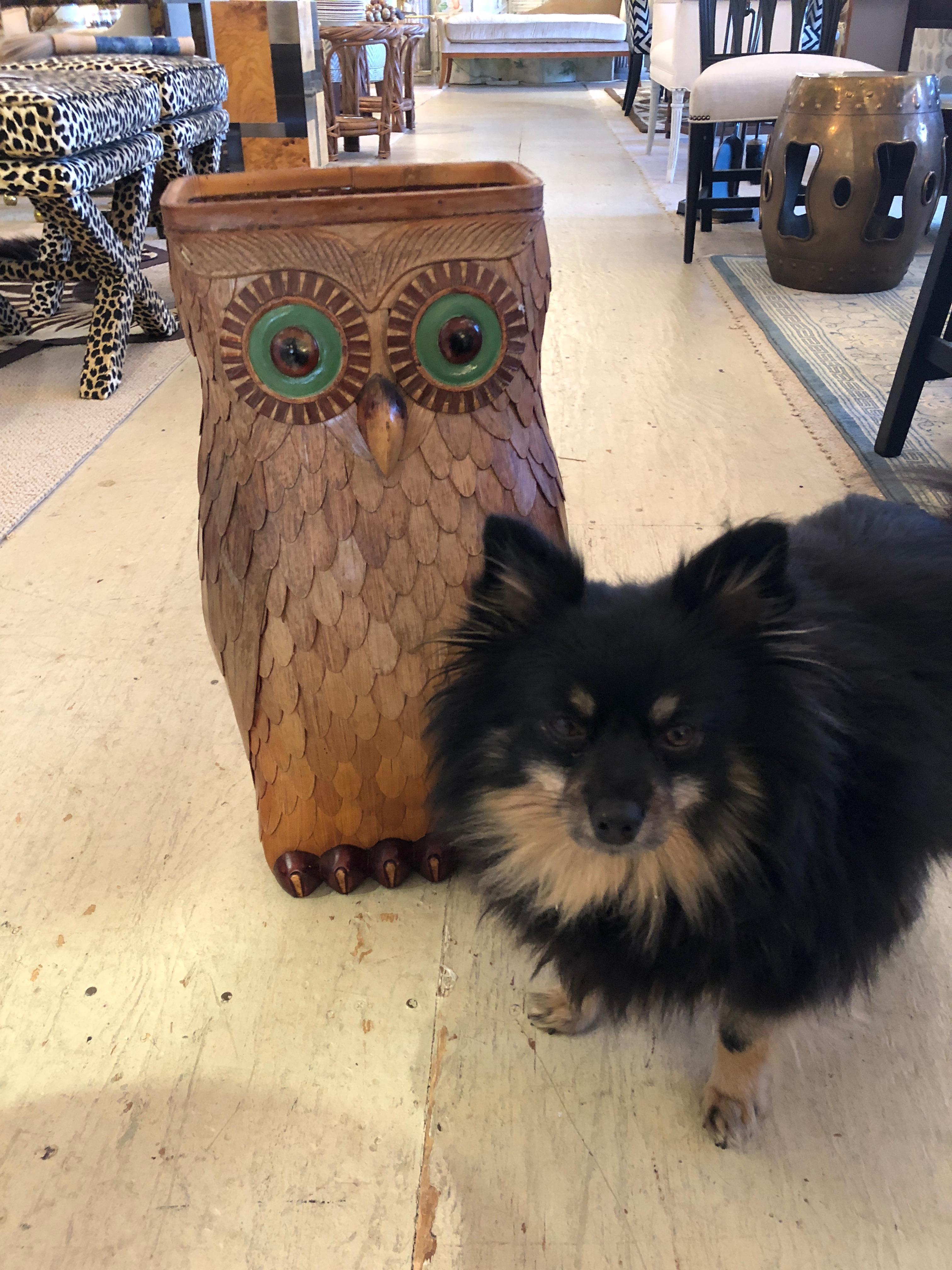 Delightful and Large Wooden Owl Vessel with Glass Eyes 4