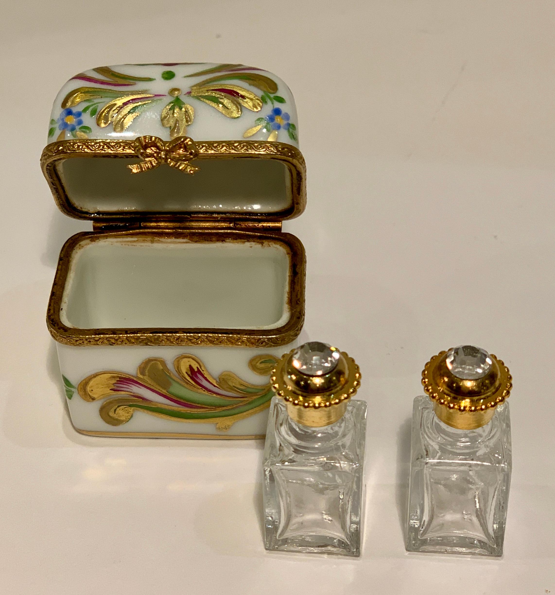 Delightful Limoges France Peint Main Porcelain Box and Two Perfume Bottle  Trio