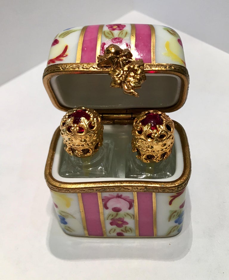 Delightful Limoges France Peint Main Porcelain Box and Two Perfume