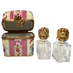 Delightful Limoges France Peint Main Porcelain Box and Two Perfume Bottle Trio