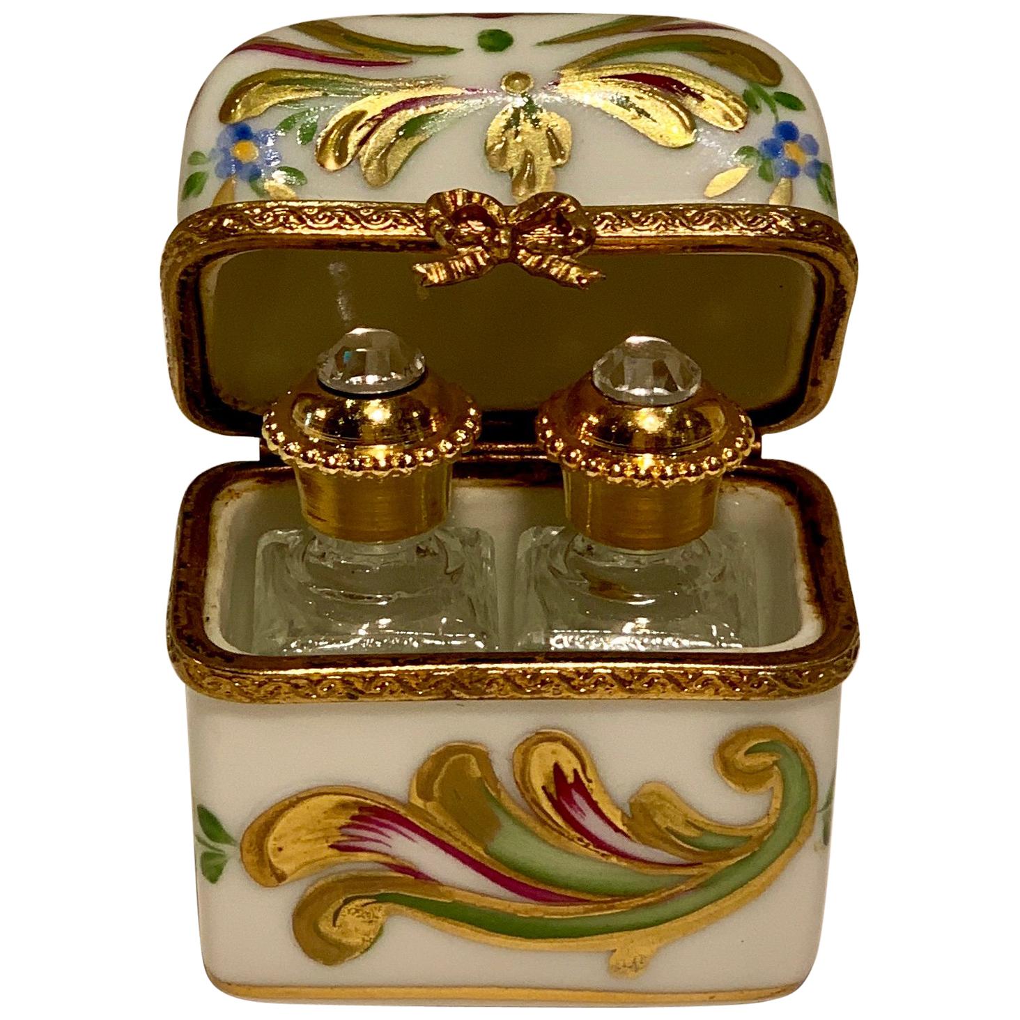 Delightful Limoges France Peint Main Porcelain Box and Two Perfume Bottle  Trio