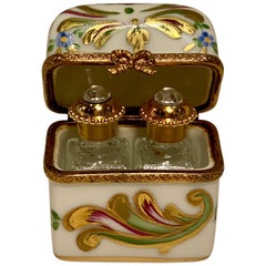 Delightful Limoges France Peint Main Porcelain Box and Two Perfume Bottle Trio