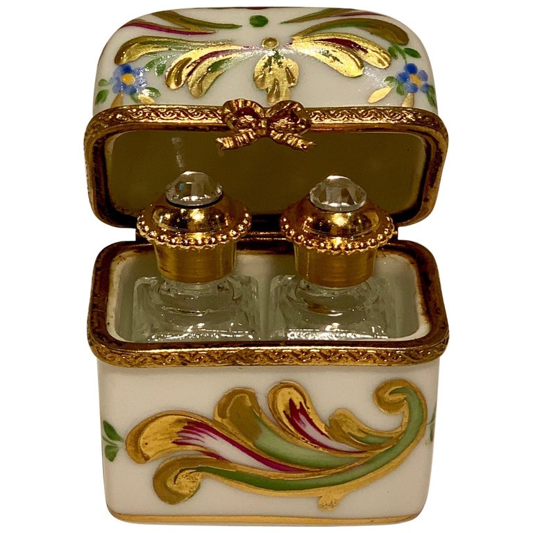Delightful Limoges France Peint Main Porcelain Box and Two Perfume