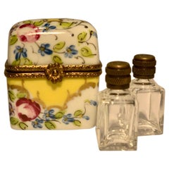 Retro Delightful Limoges France Peint Main Porcelain Box and Two Perfume Bottle Trio