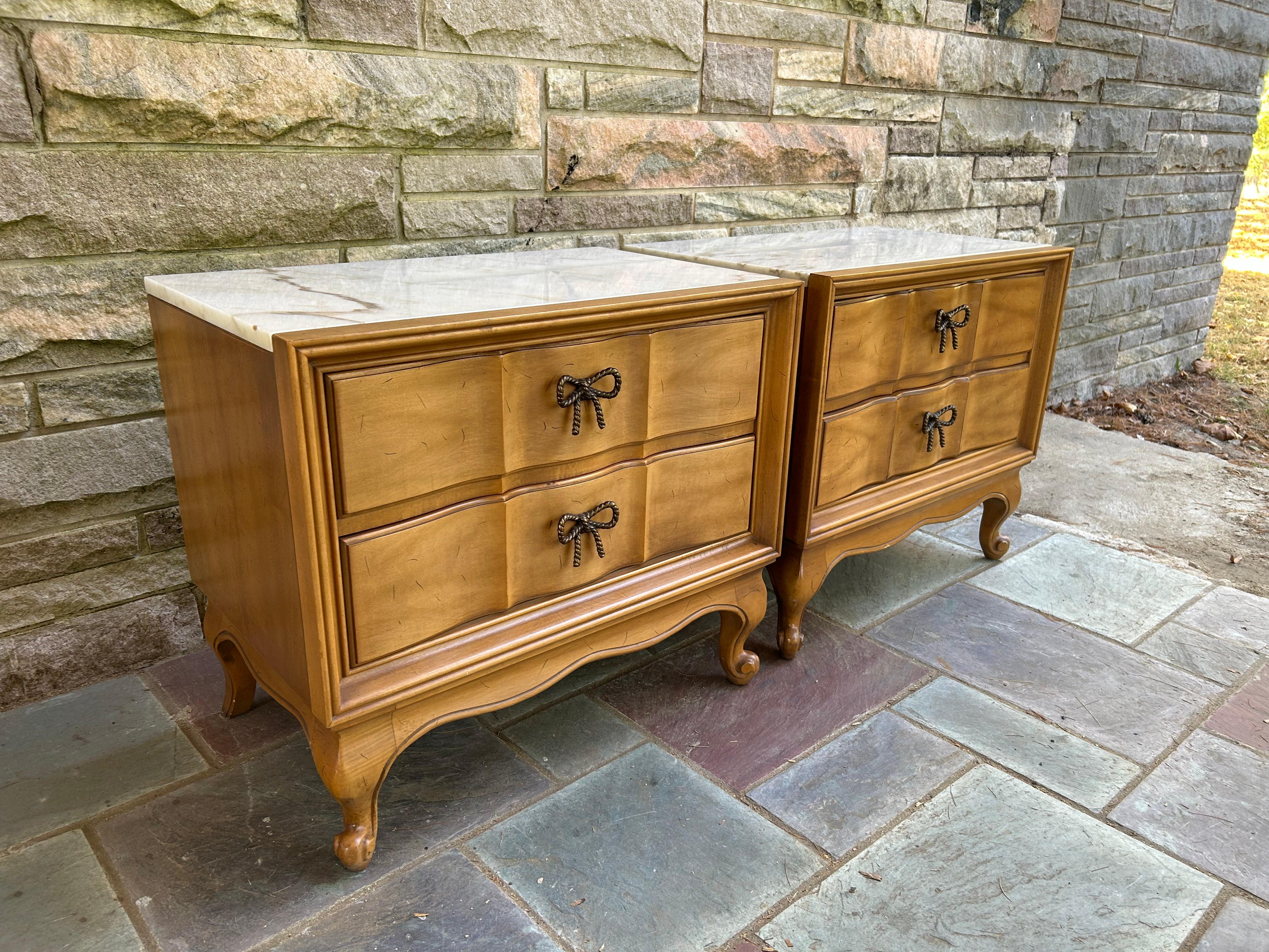 Delightful Pair French Provincial Marble Top Night Stands Brass Bow Pulls For Sale 12