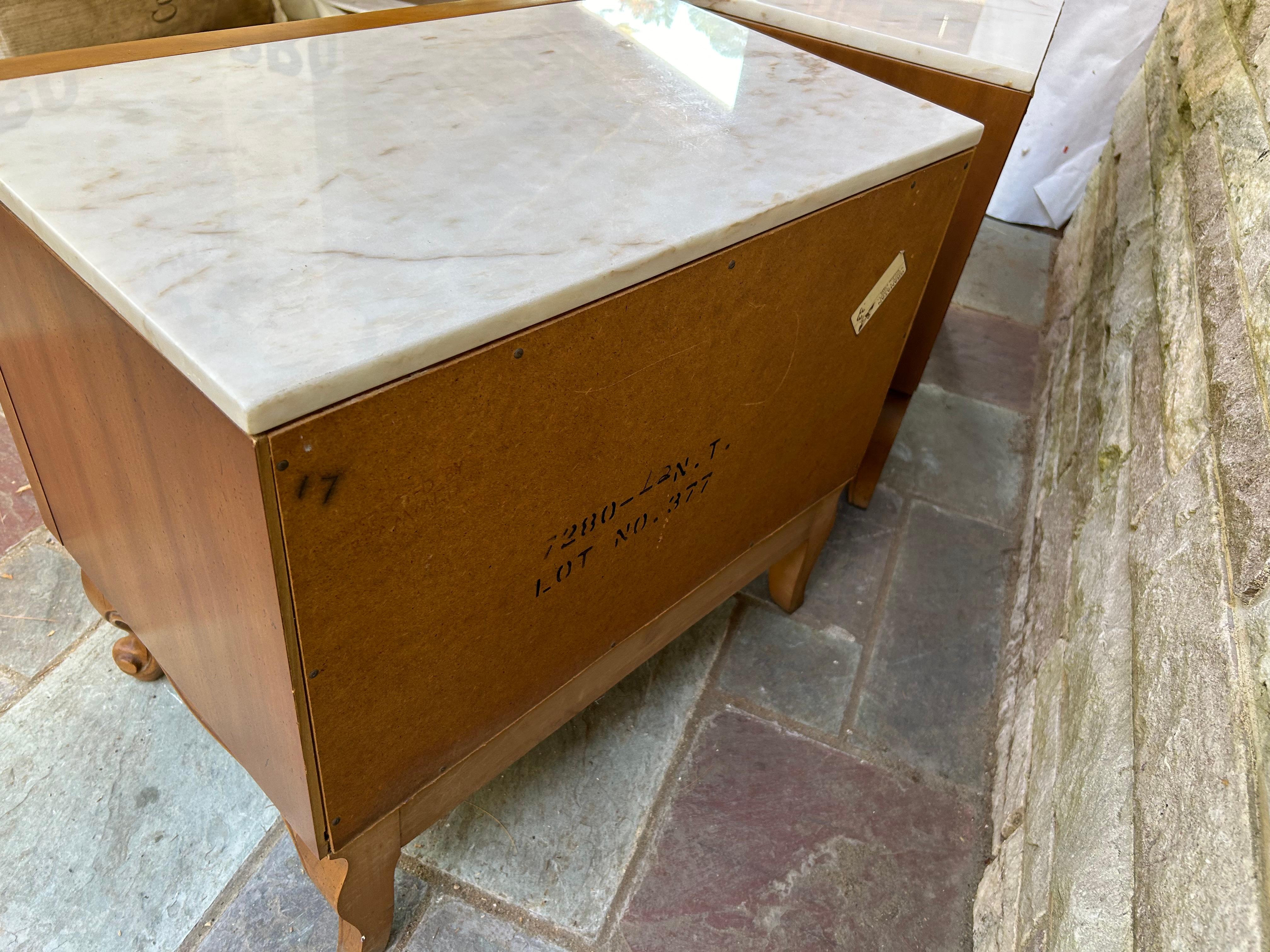 Delightful Pair French Provincial Marble Top Night Stands Brass Bow Pulls For Sale 14