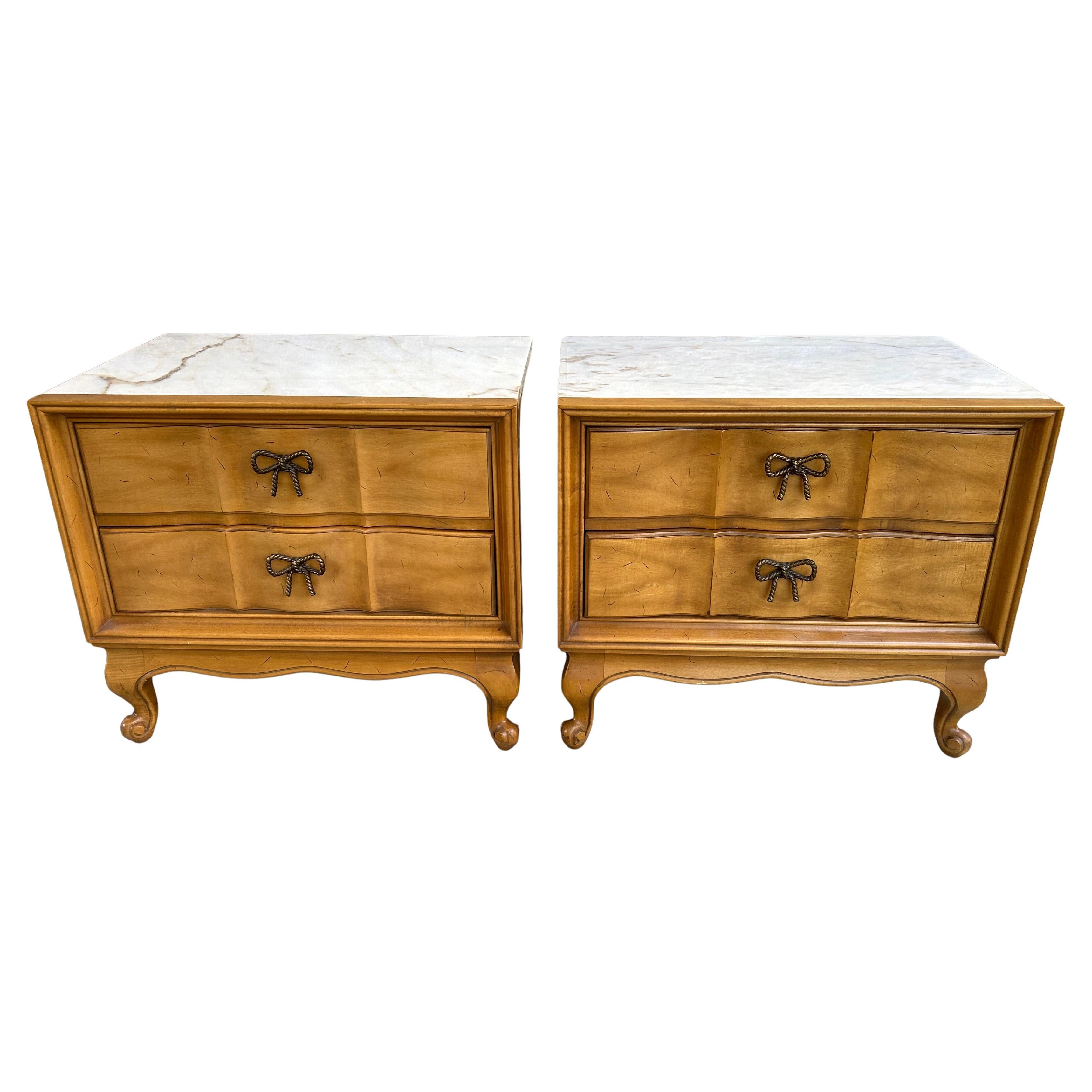 Delightful Pair French Provincial Marble Top Night Stands Brass Bow Pulls