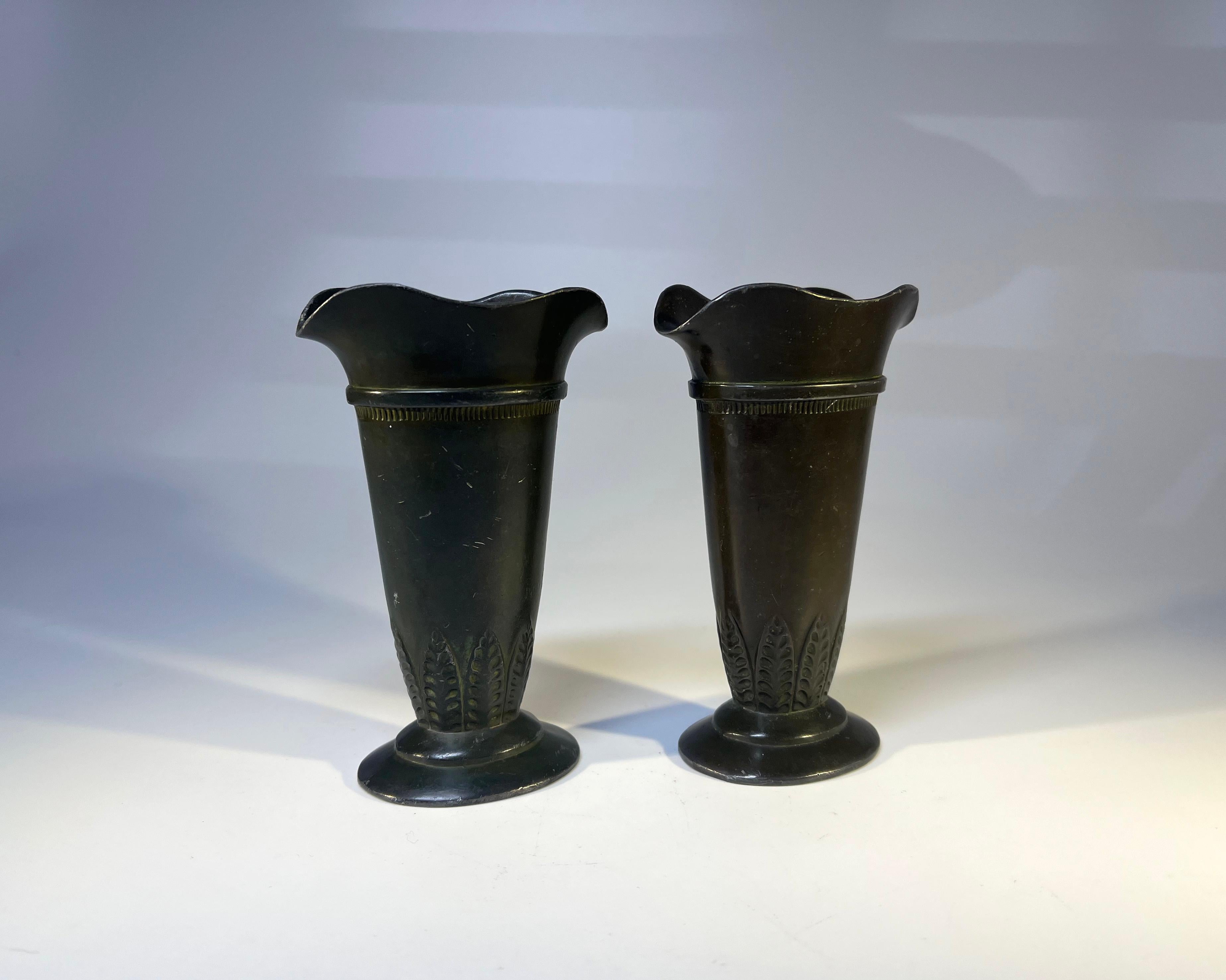 Delightful Pair Just Andersen Disko Metal Flared with Leaf Decoration Vases #D55 In Good Condition For Sale In Rothley, Leicestershire